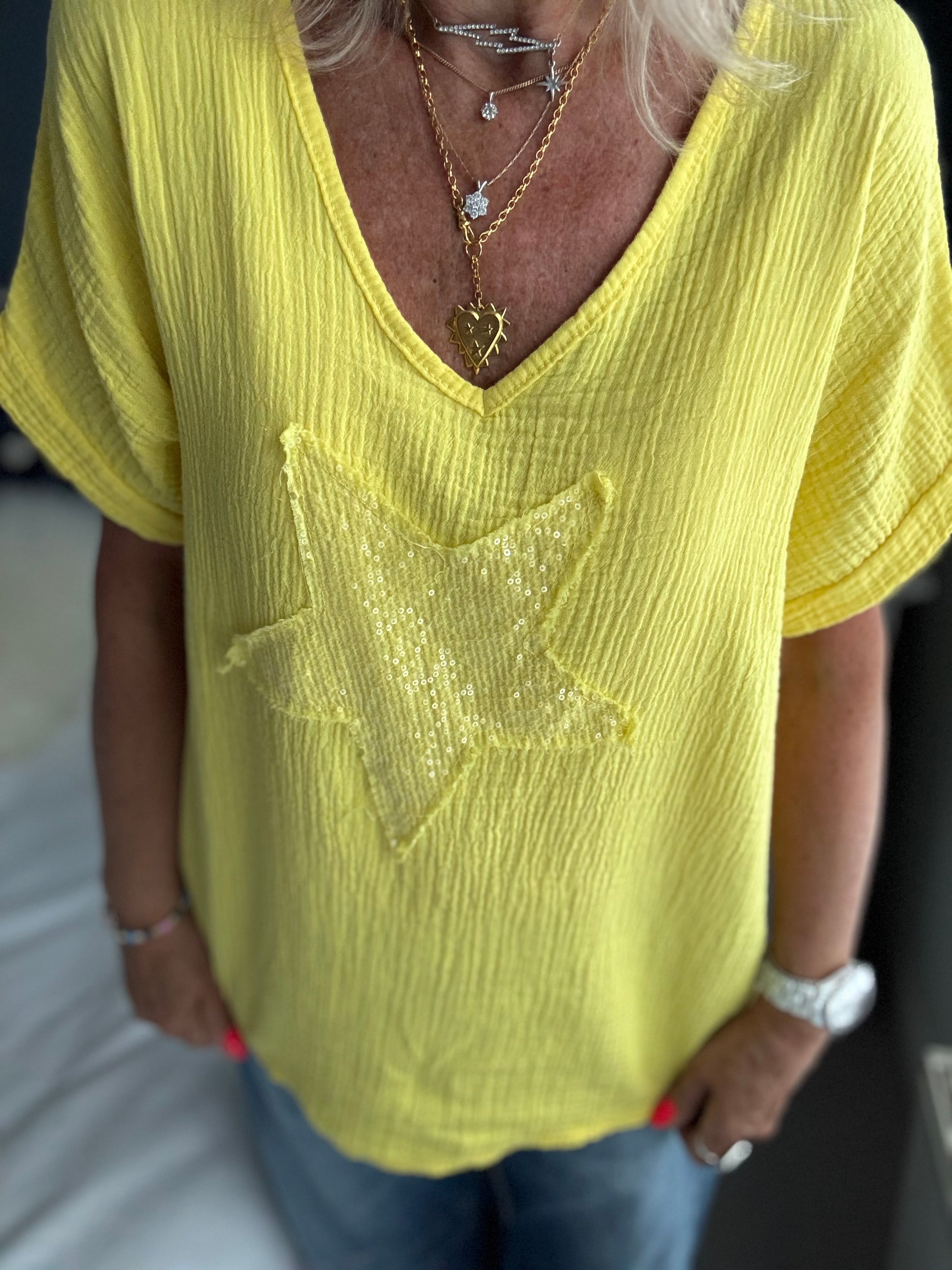 Cheesecloth Sequin Star Top in Sunshine Yellow