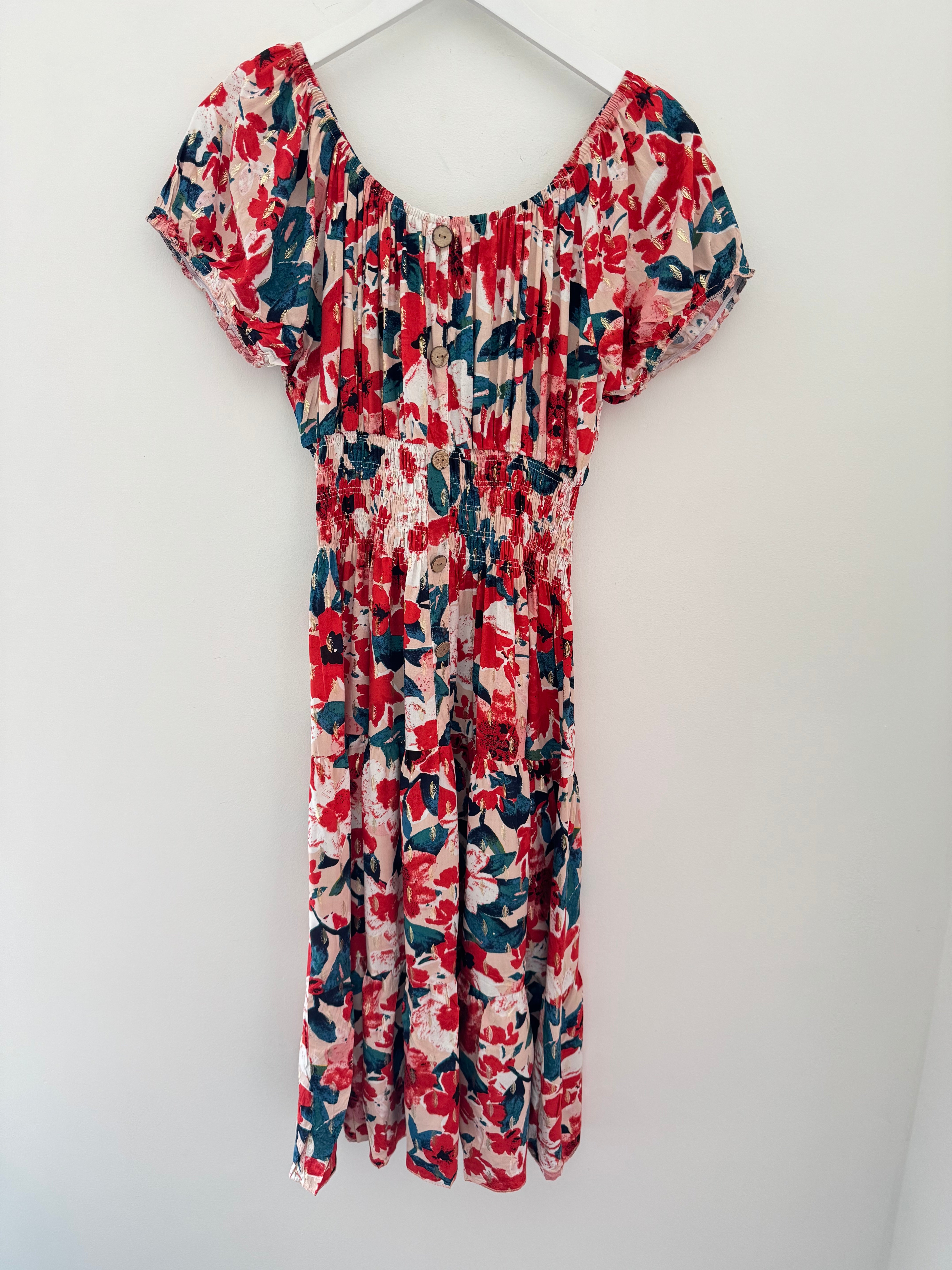 Bardot Dress in Poppy & Teal