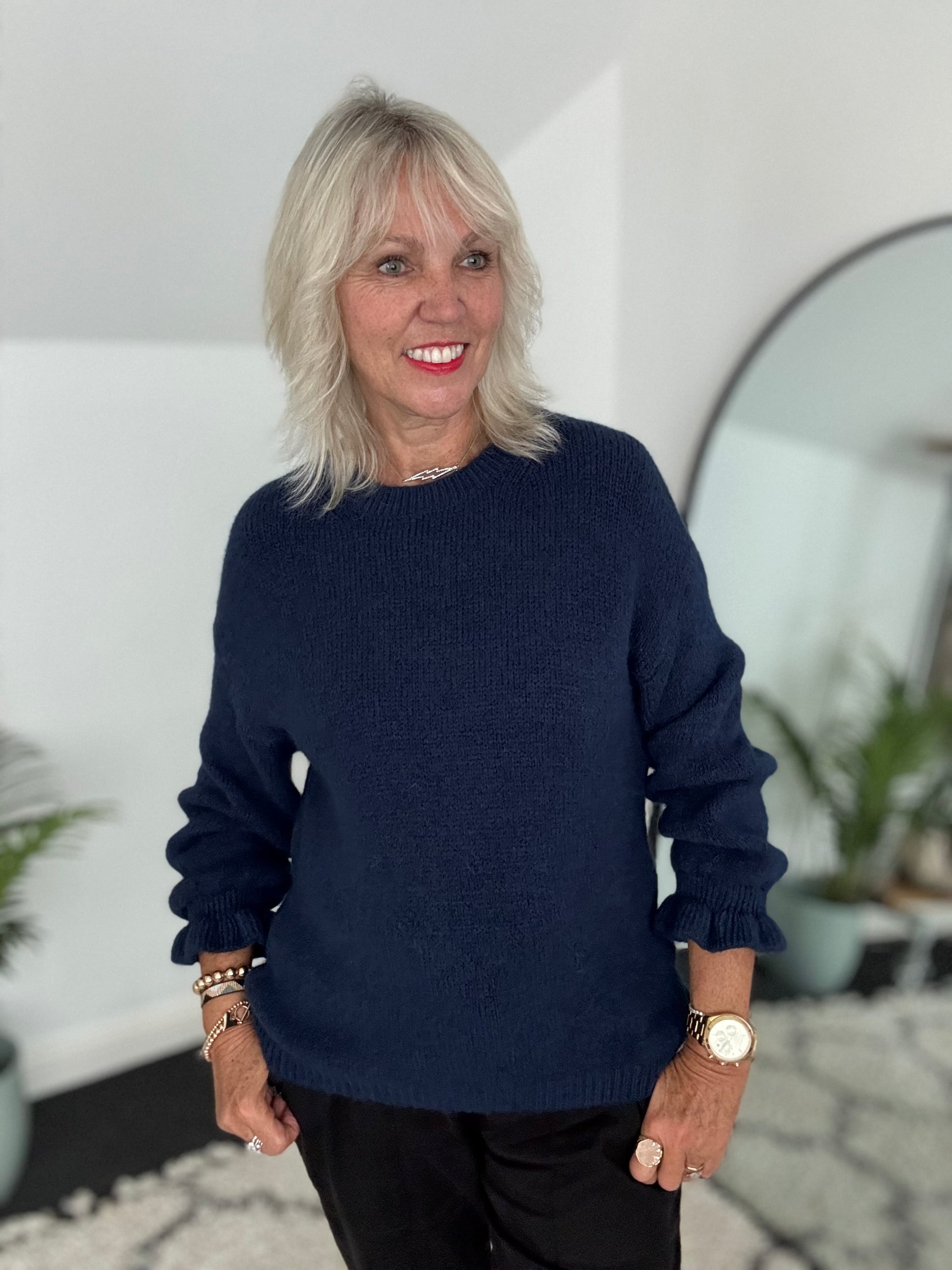 Alpaca Jumper with Frill Cuffs in Navy