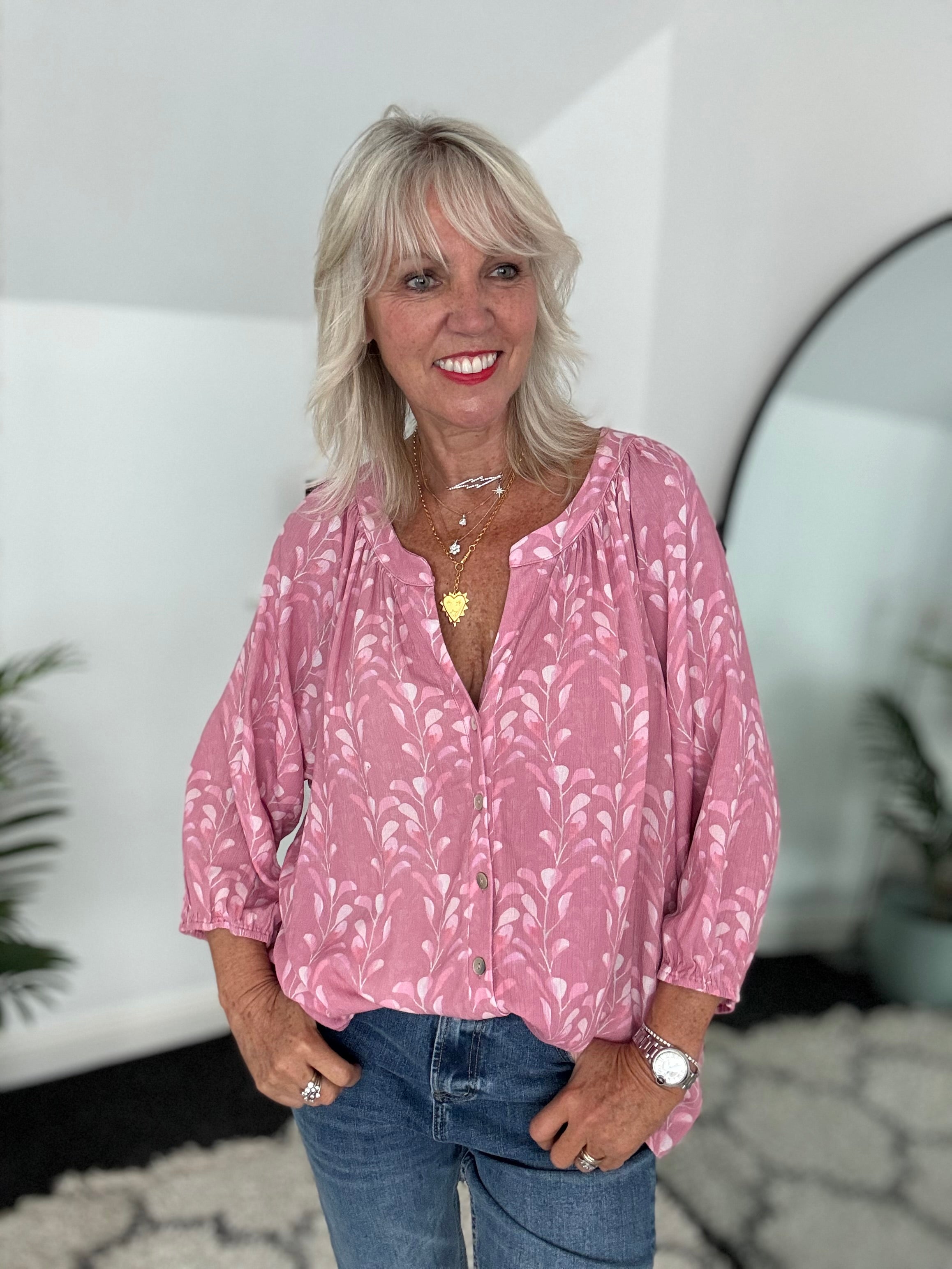 Leaf Print Blouse in Pink