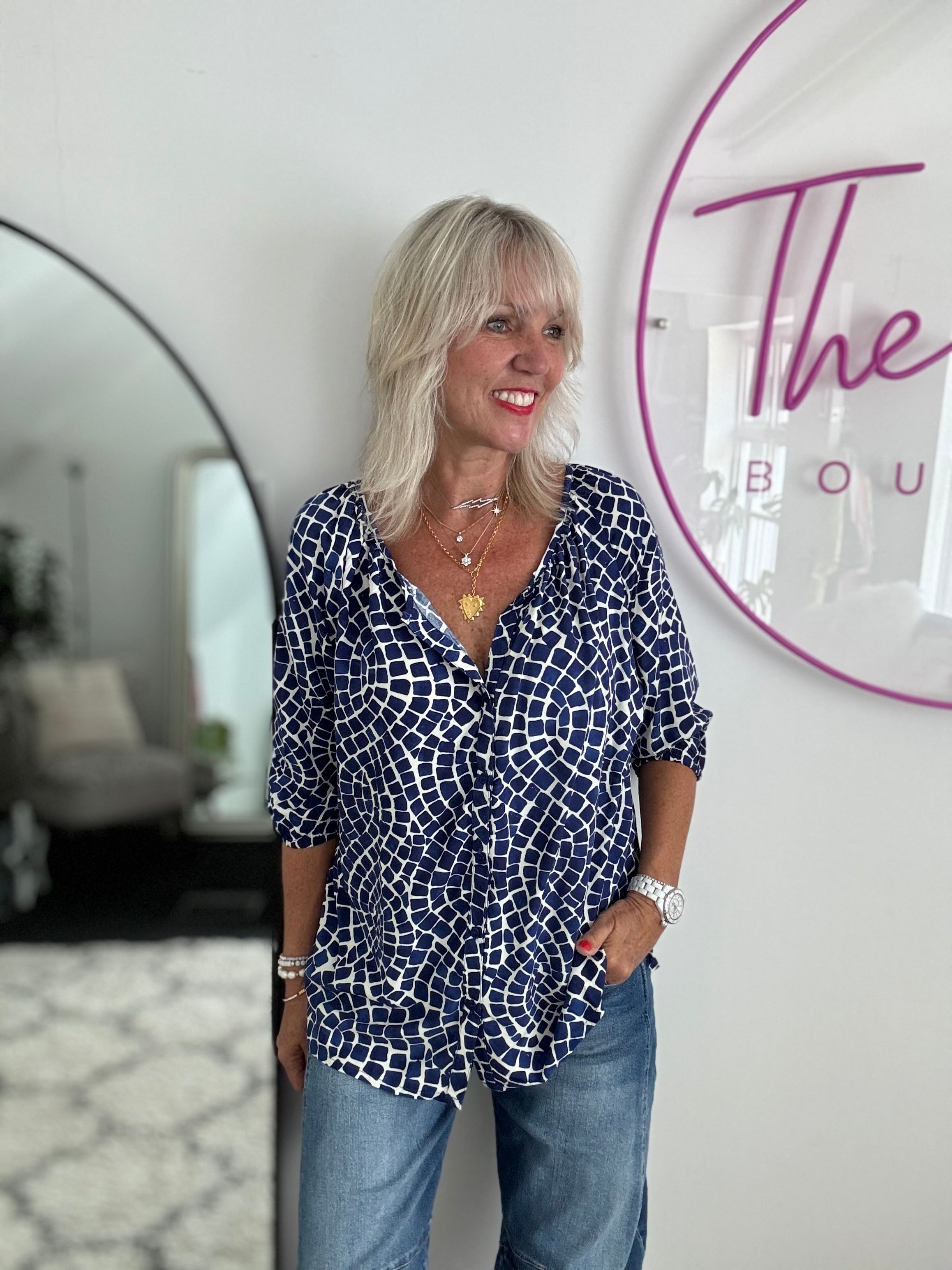 Mosaic Print Blouse in Deep Blue