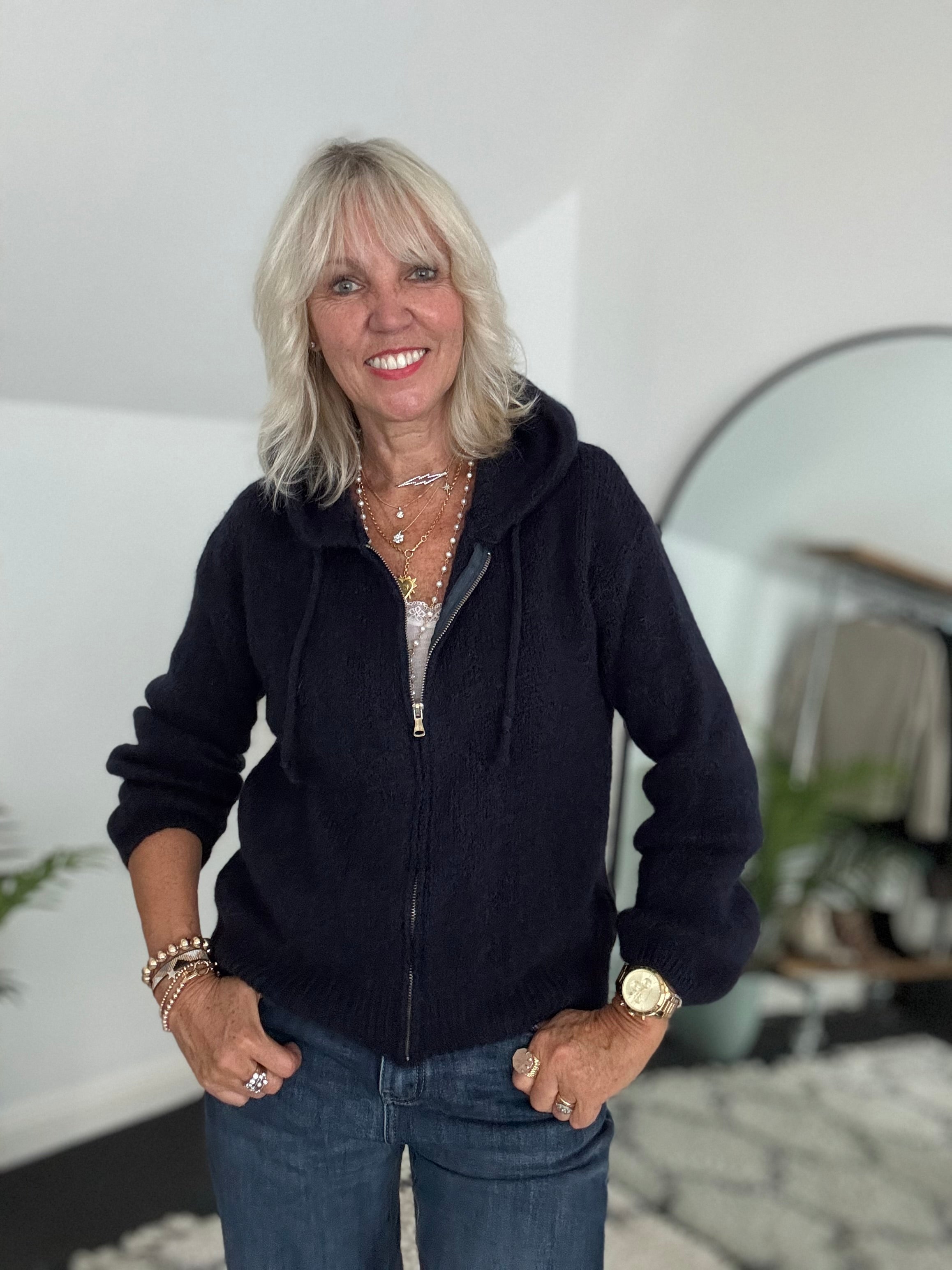 Hooded Zipped Mohair Jumper in Ink Blue