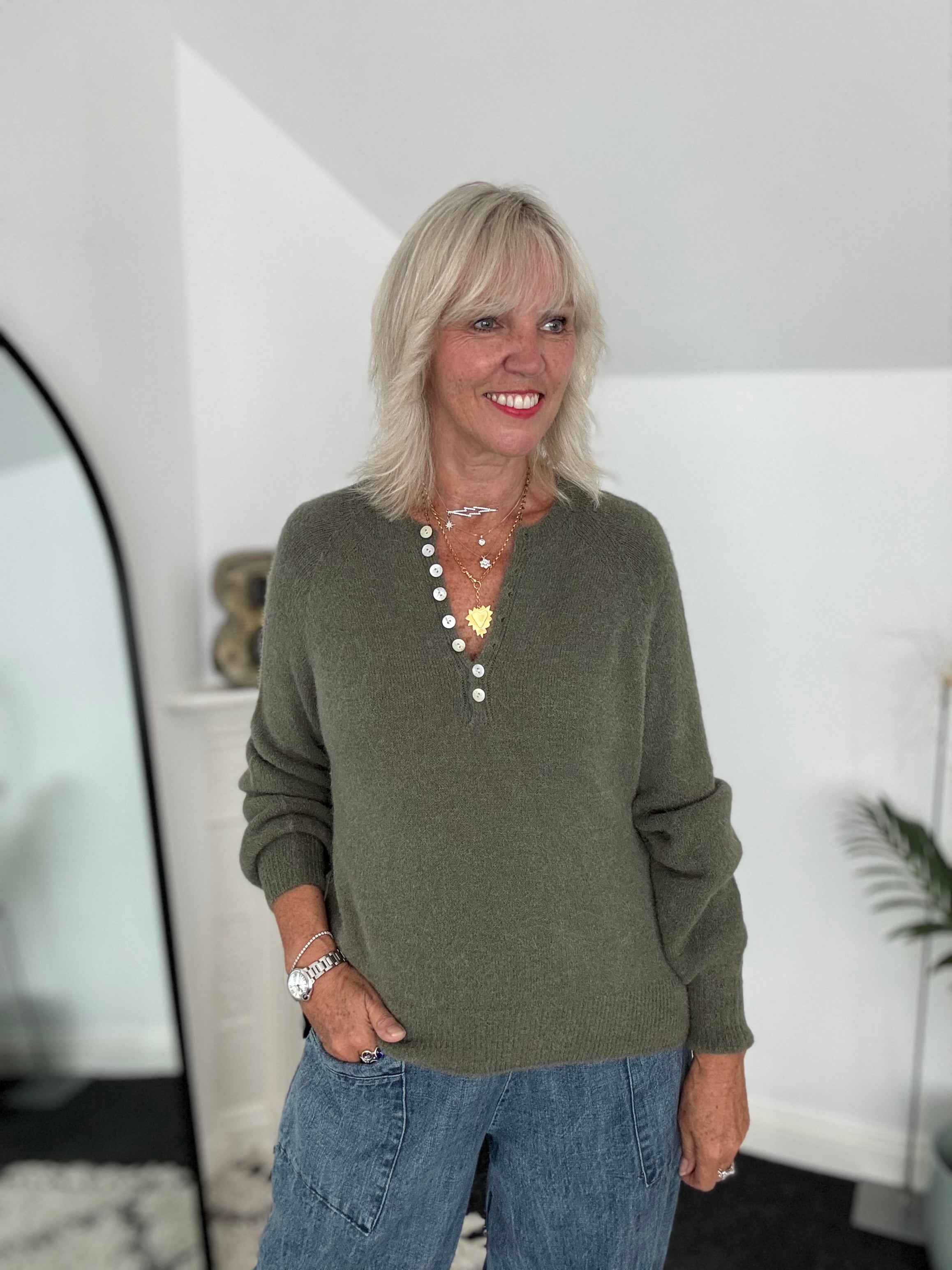 Softie Jumper with Button Neck in Khaki