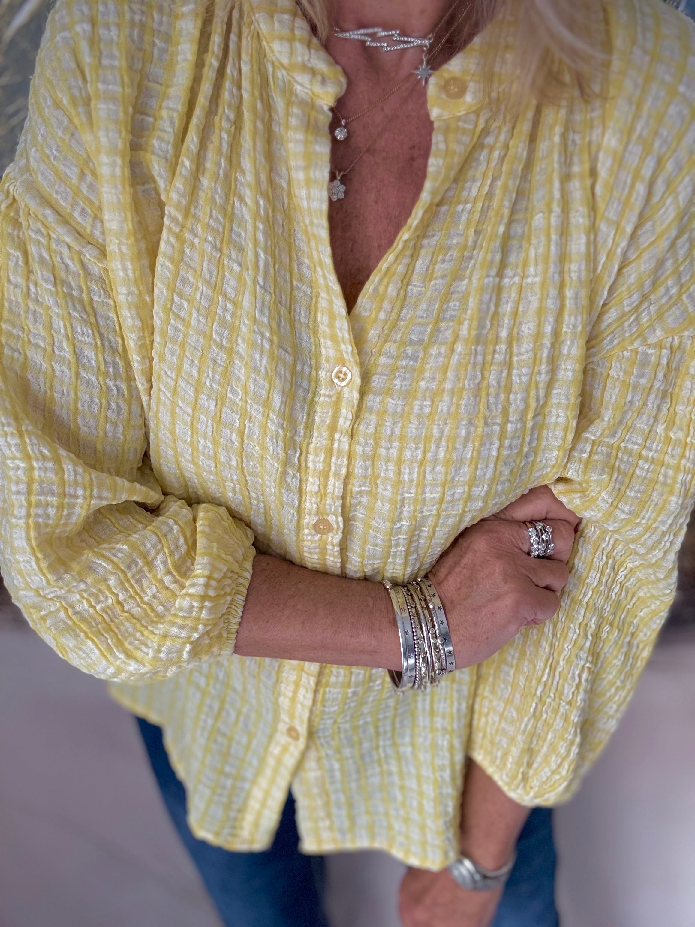 Gingham Seersucker Blouse in Lemon