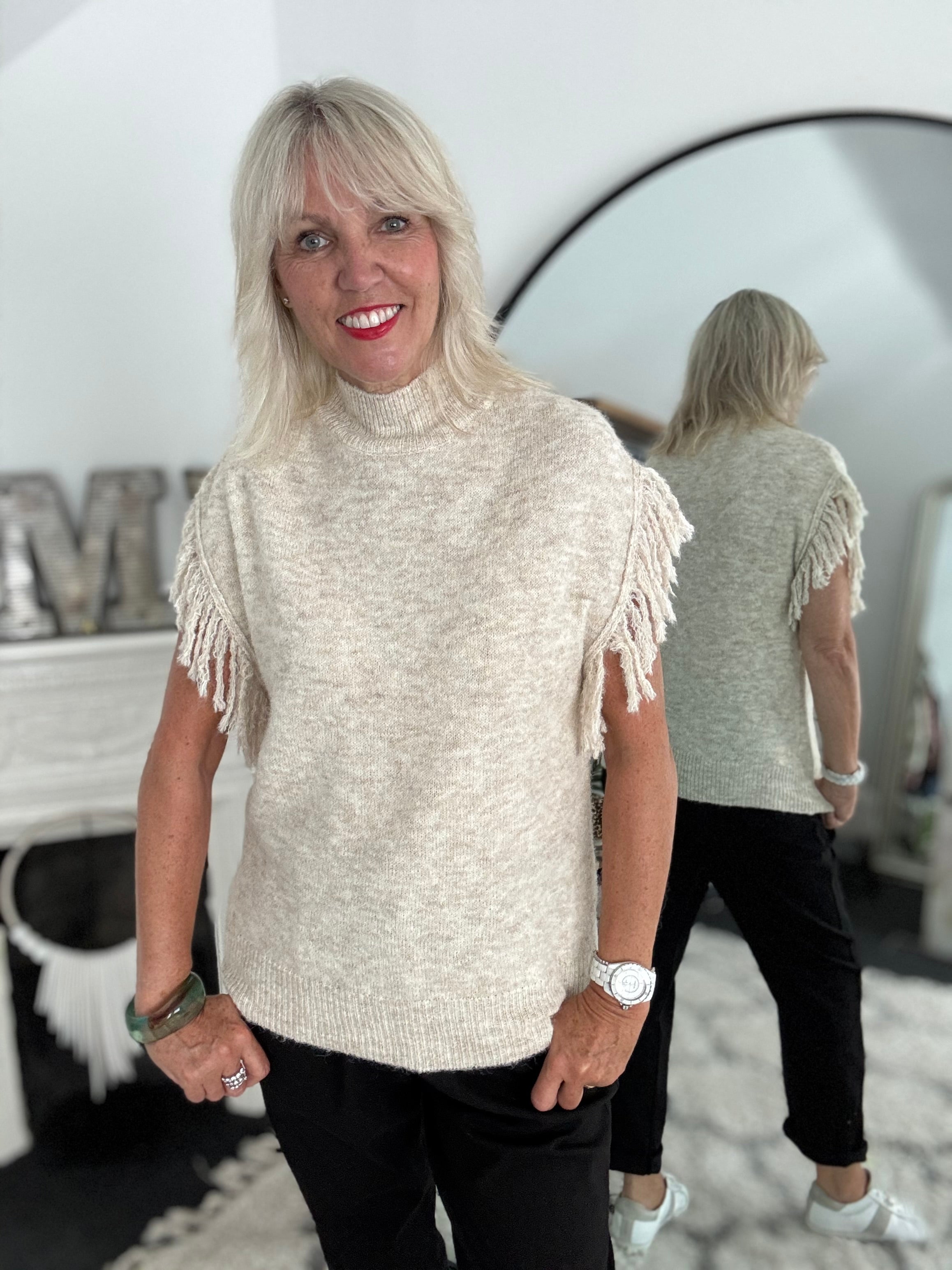 Stone Marl Knit with Fringe Detailing