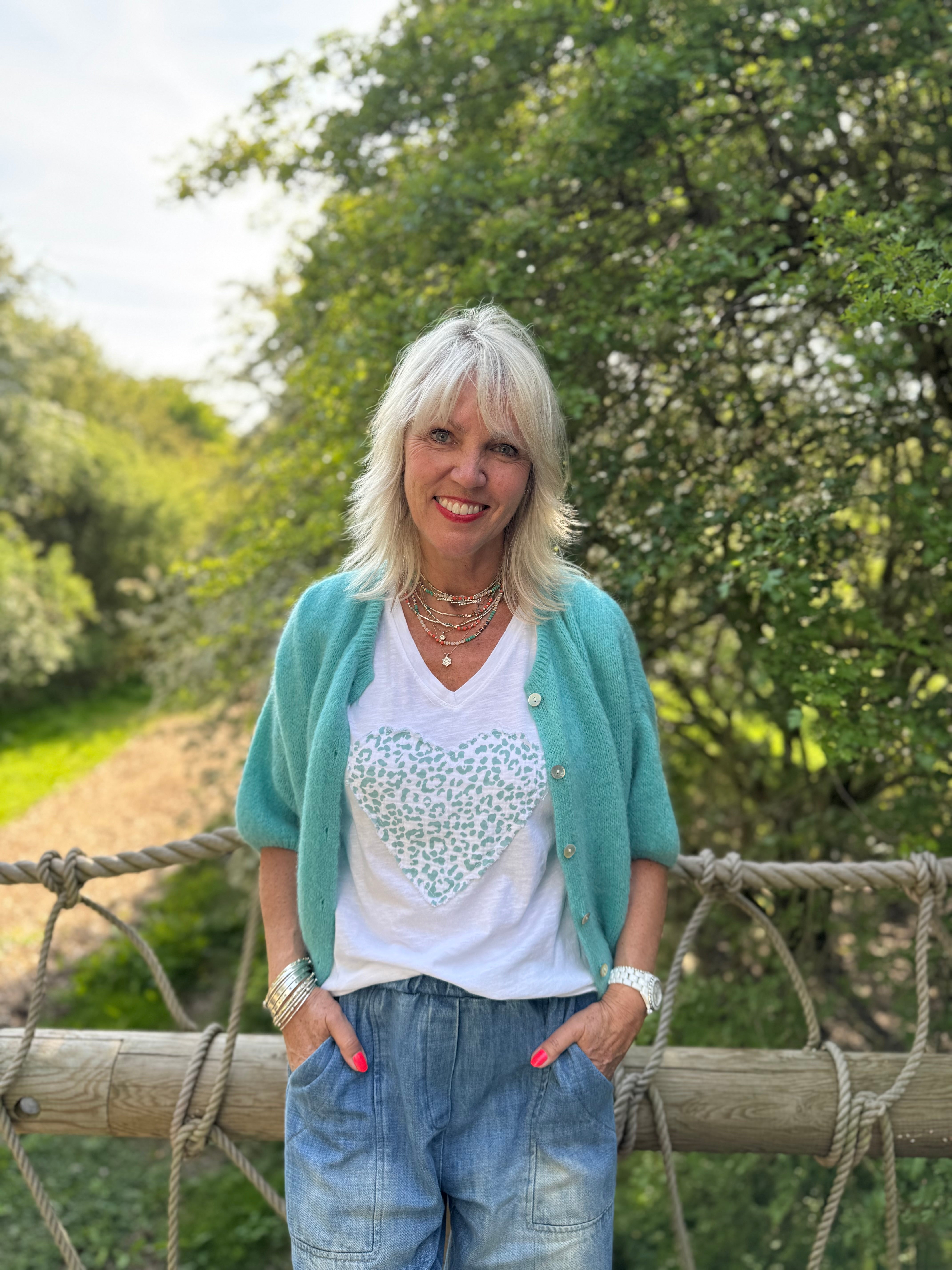 Cropped Sleeve Buttoned Cardi in Sea Green