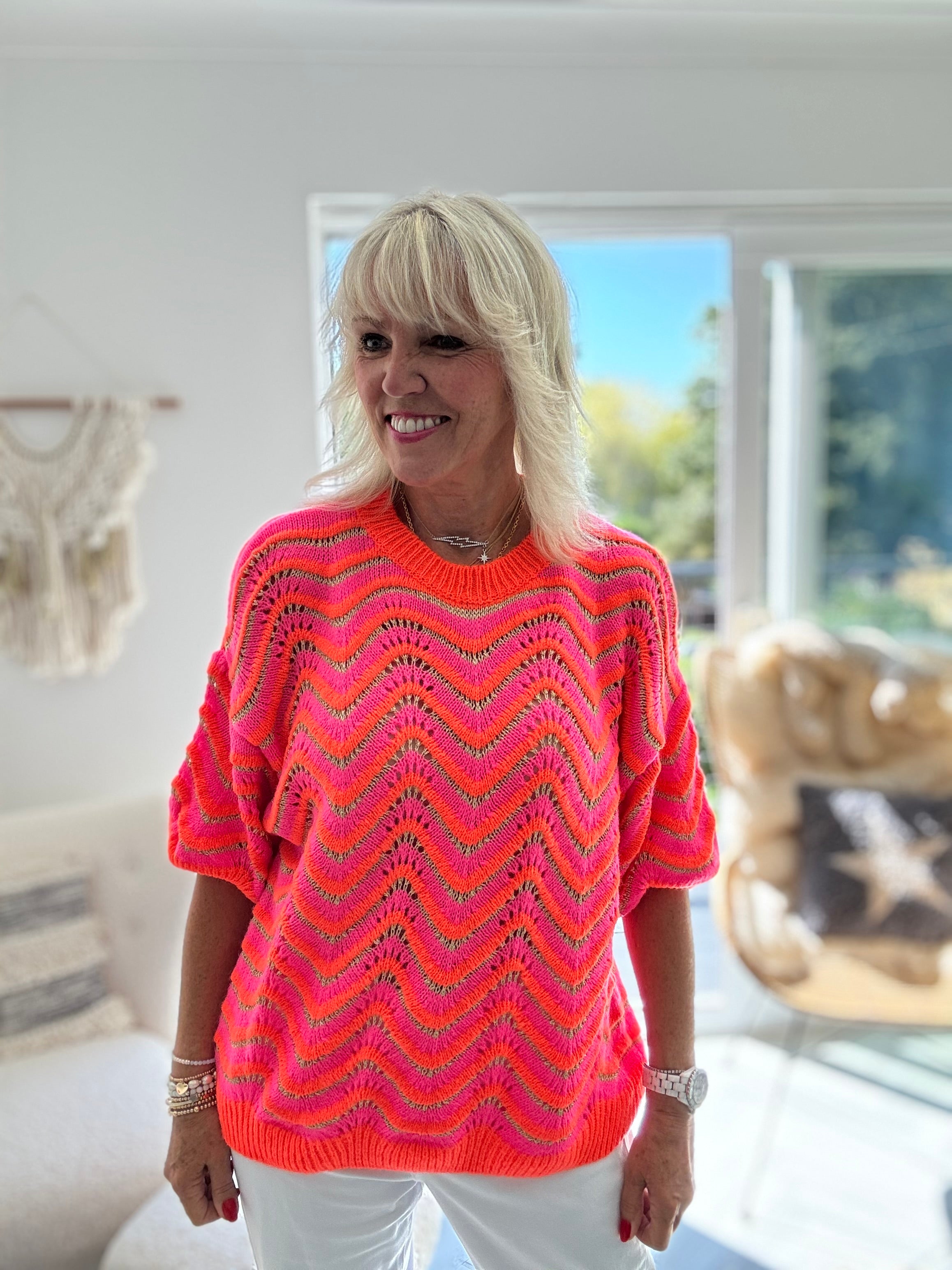 Luxe Short Sleeve Pink & Orange Neon Knit