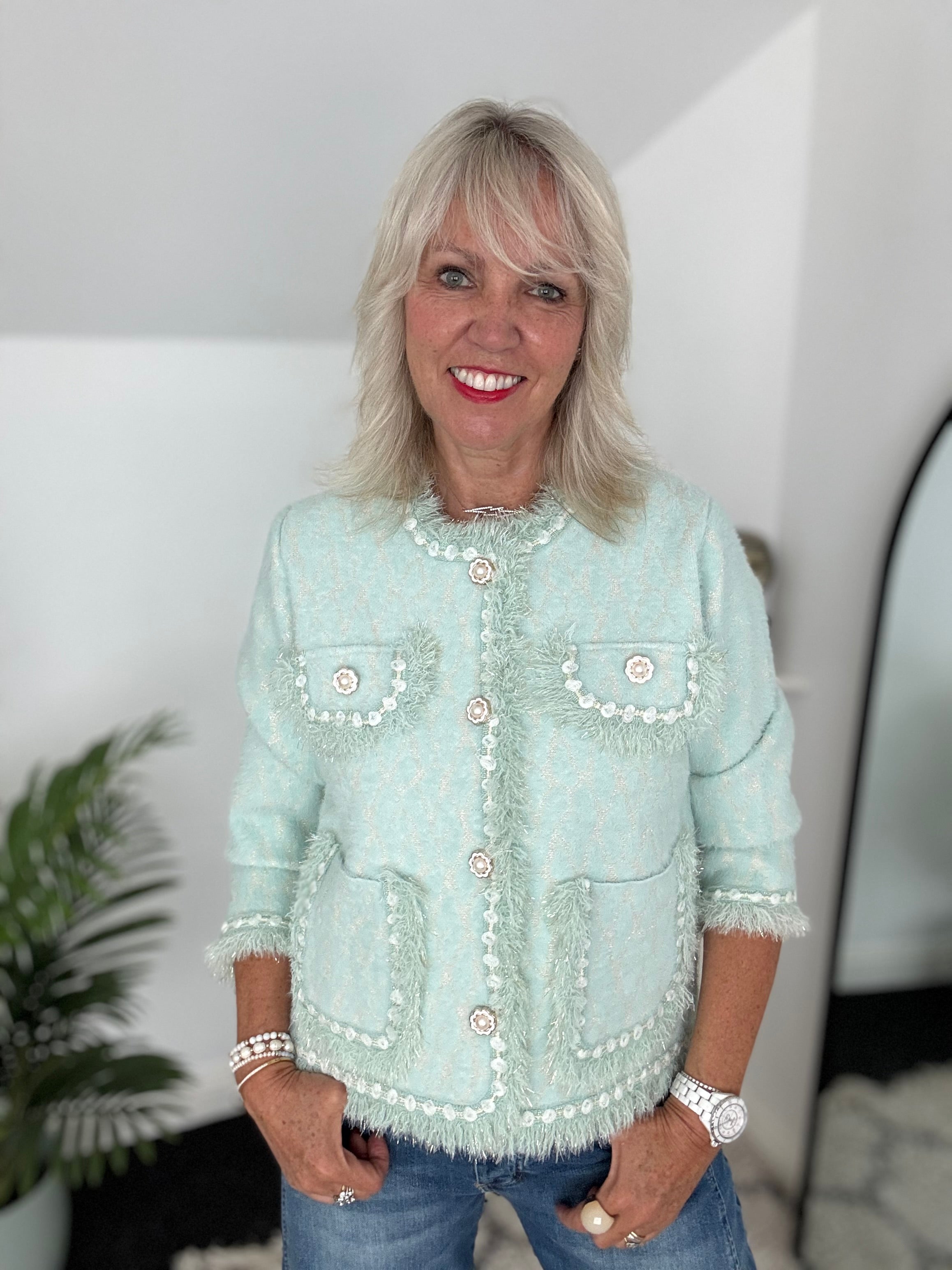Flower Button & Tweed Cardi Jacket in Aqua
