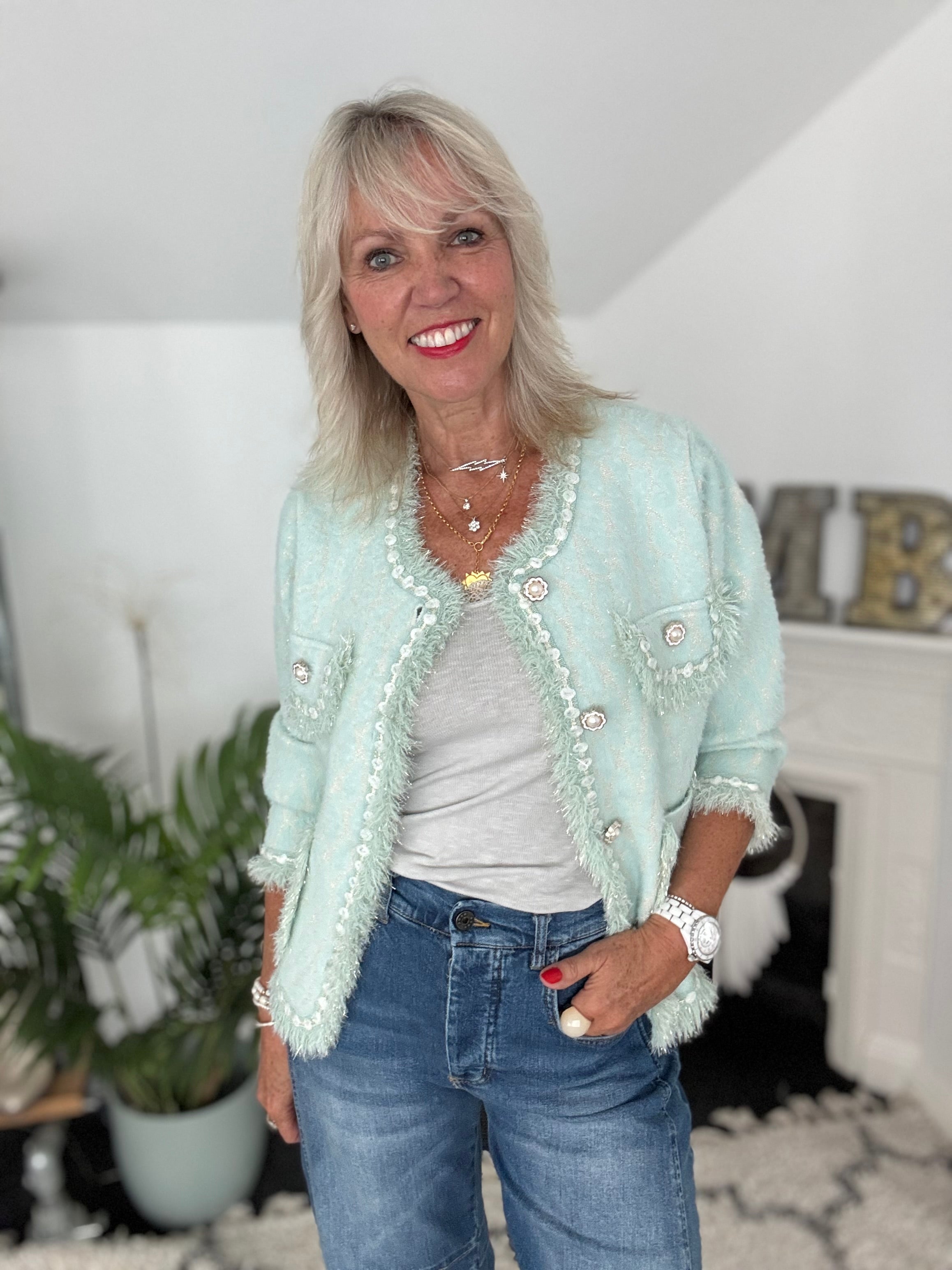 Flower Button & Tweed Cardi Jacket in Aqua