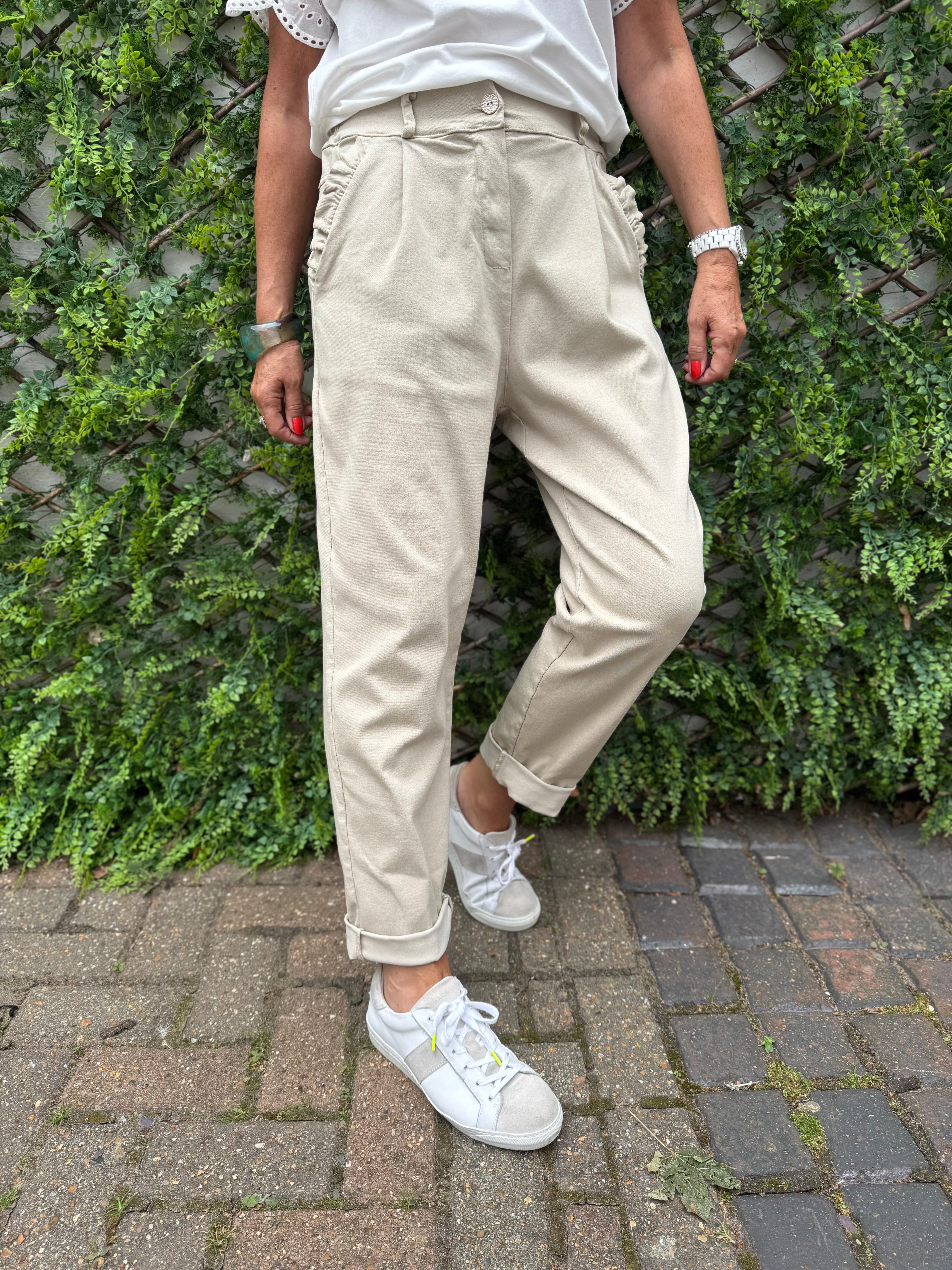 Luxe Stretch Trousers with Ruffle Pocket in Stone