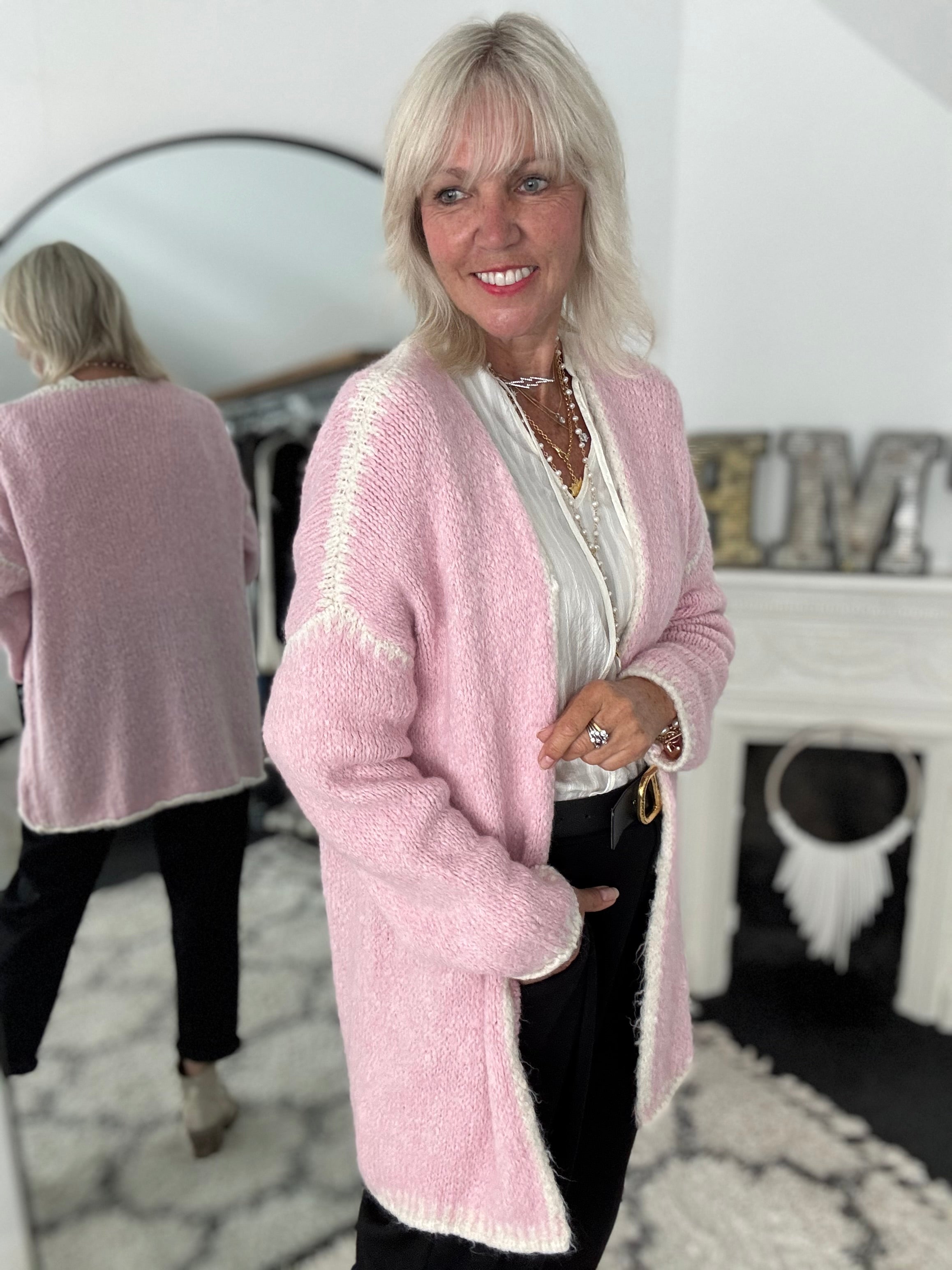 Whip Stitch Cardi in Pink & Ivory
