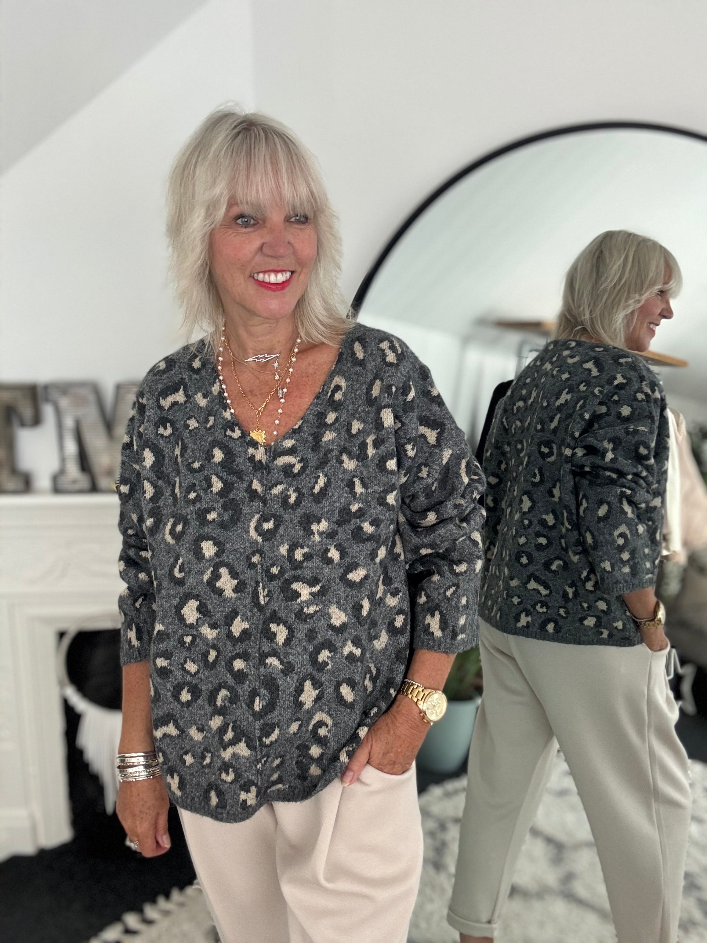 Seam Front V Neck Jumper in Grey Leopard