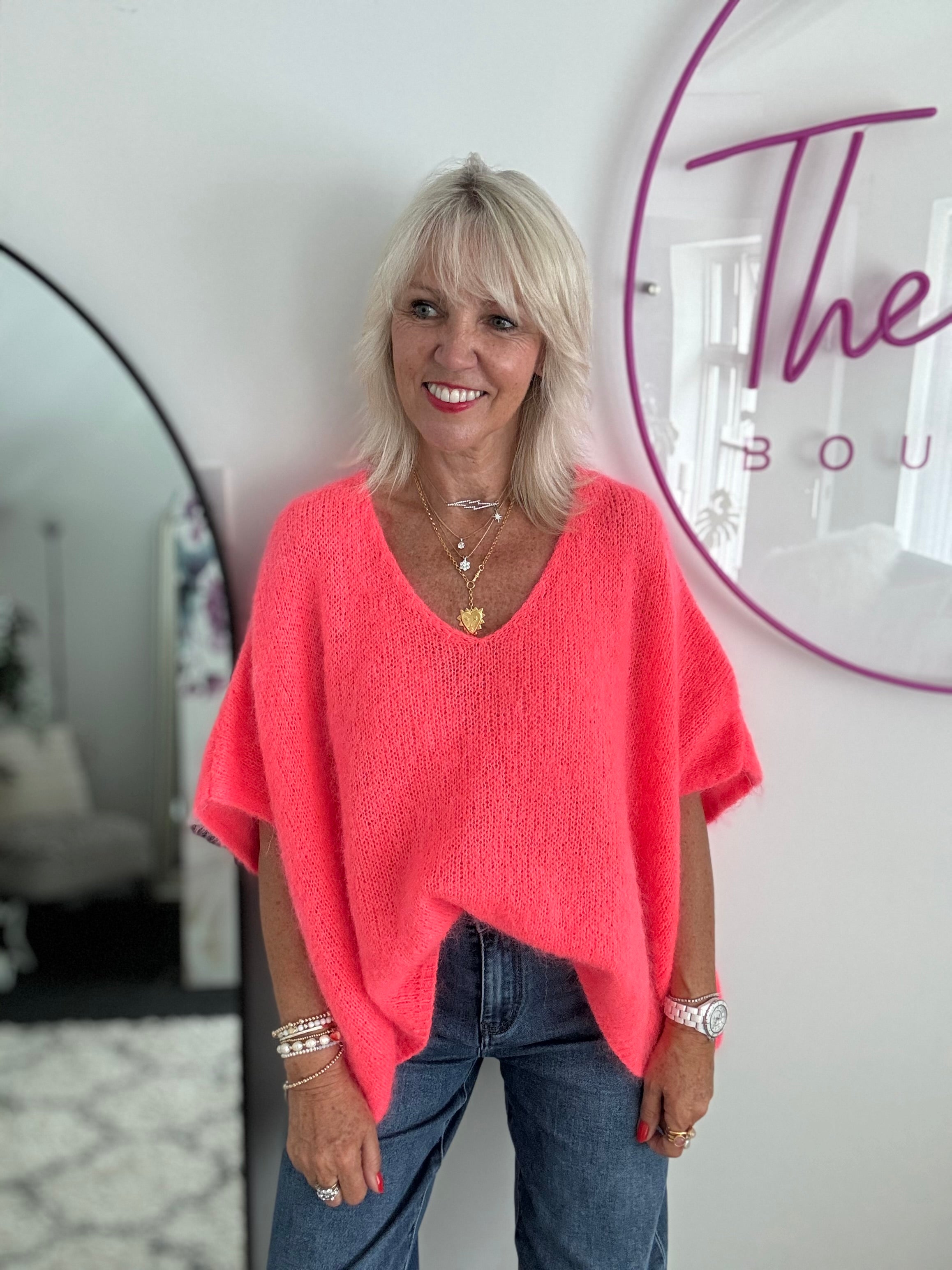 Oversized Mohair V Neck Tank in Neon Coral