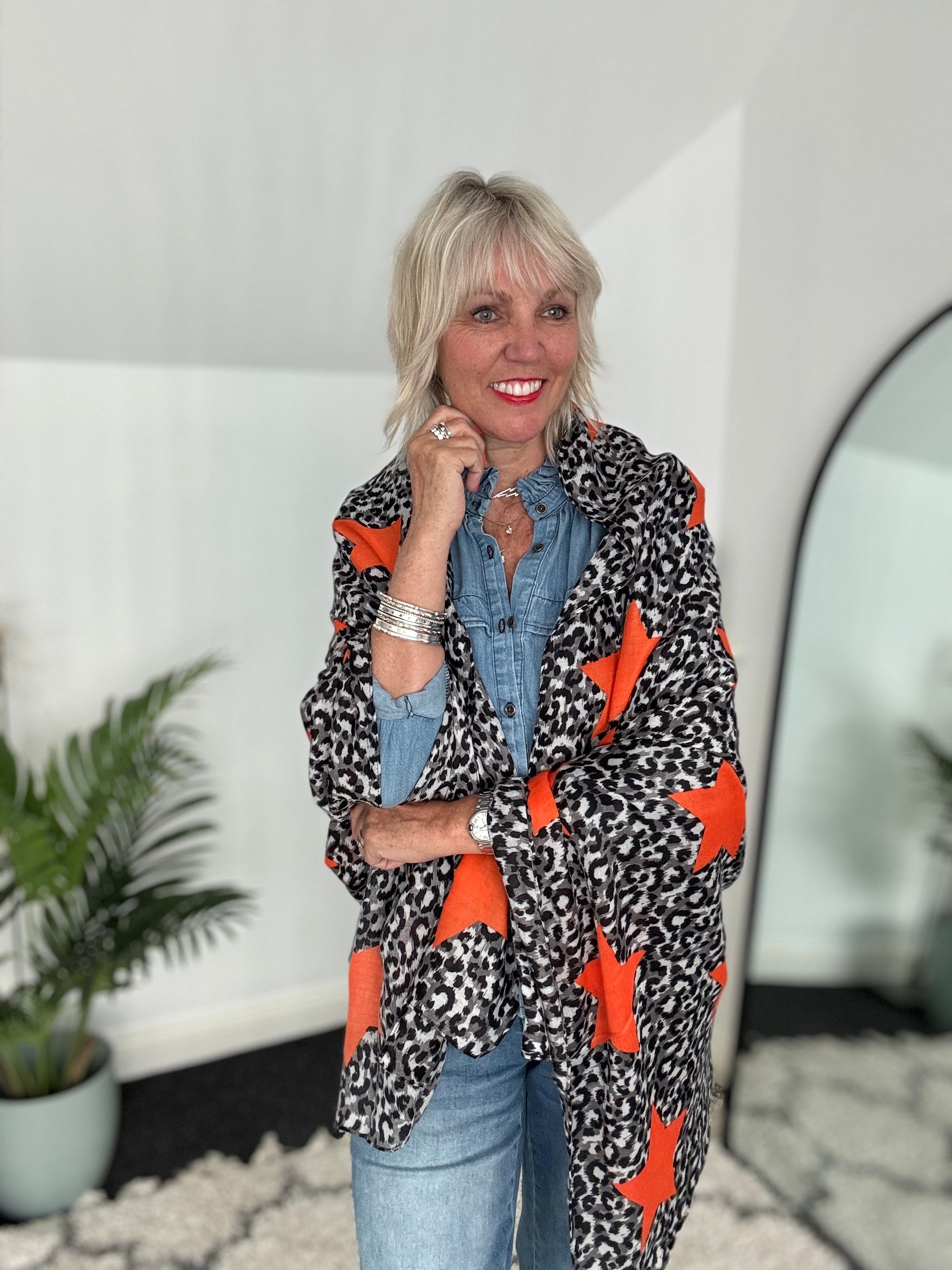 Leopard Scarf with Orange Stars