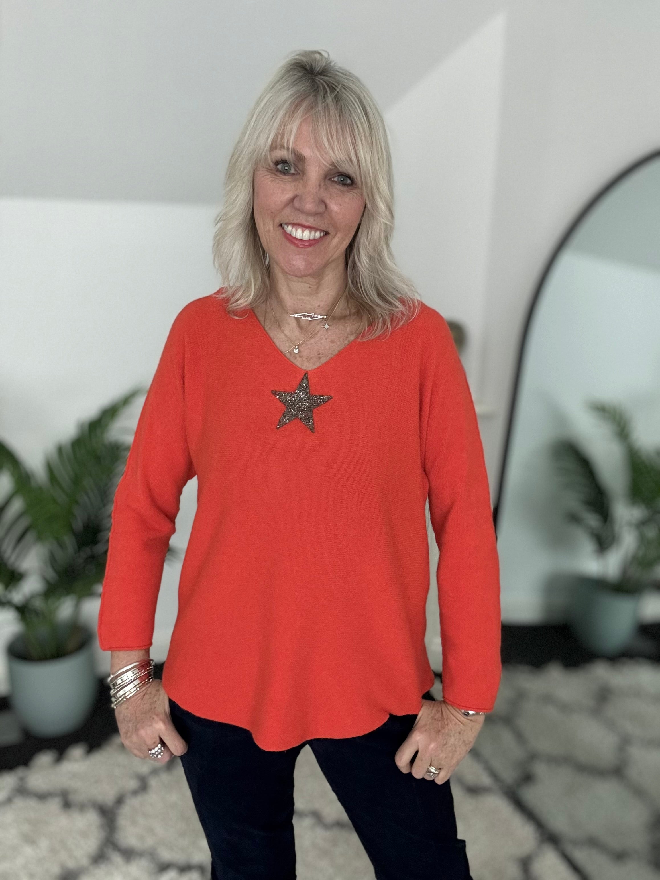 V Neck Glitter Star Jumper in Orange