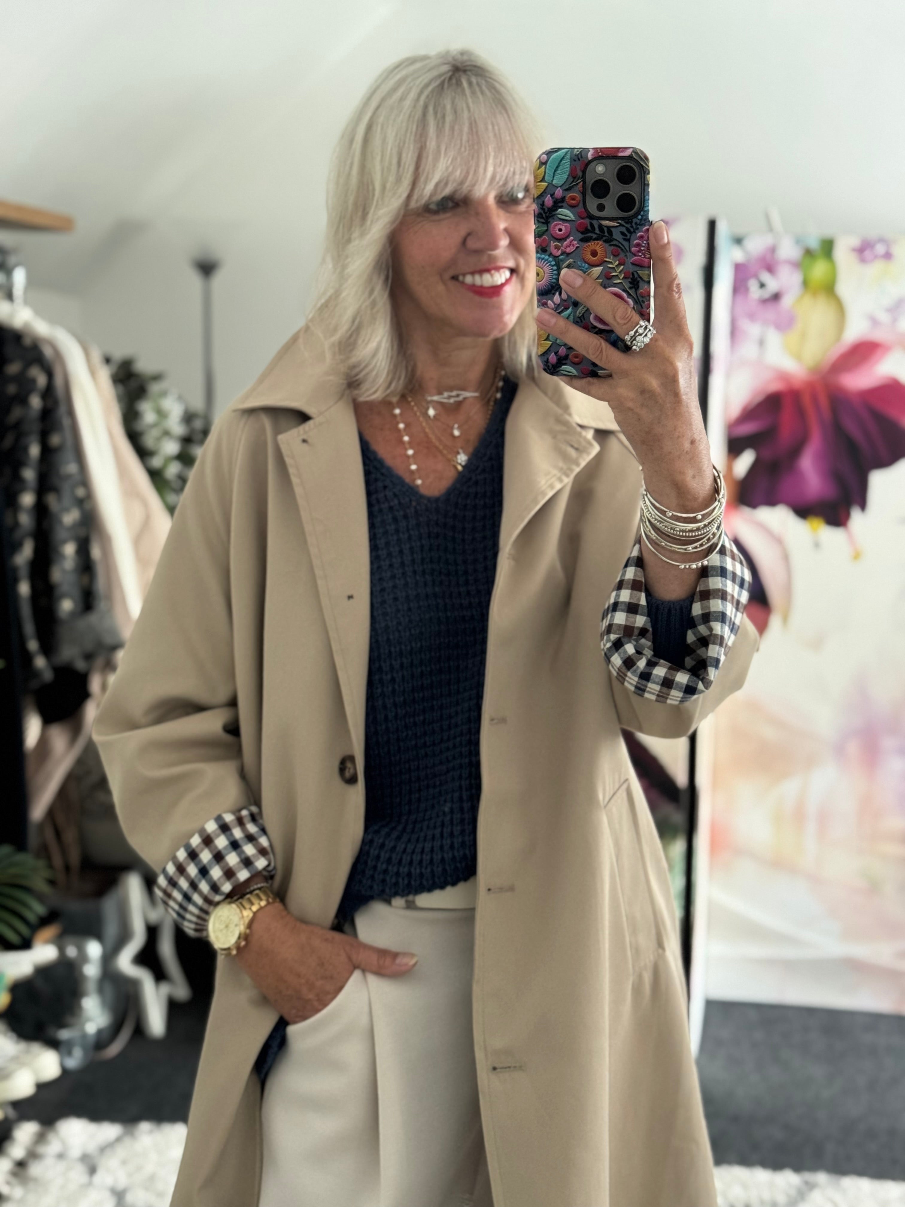 Long Line Trench with Gingham Cuffs