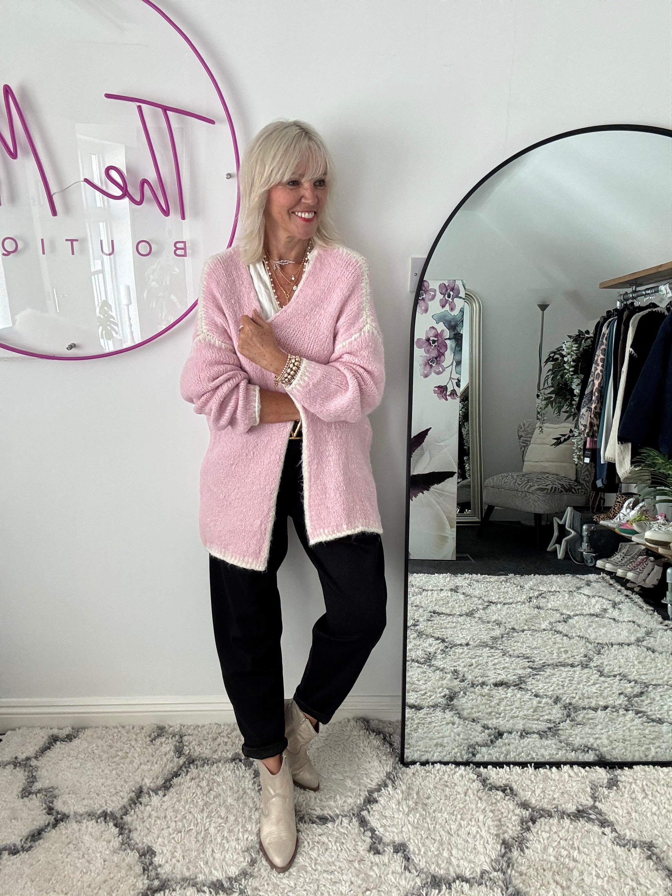 Whip Stitch Cardi in Pink & Ivory