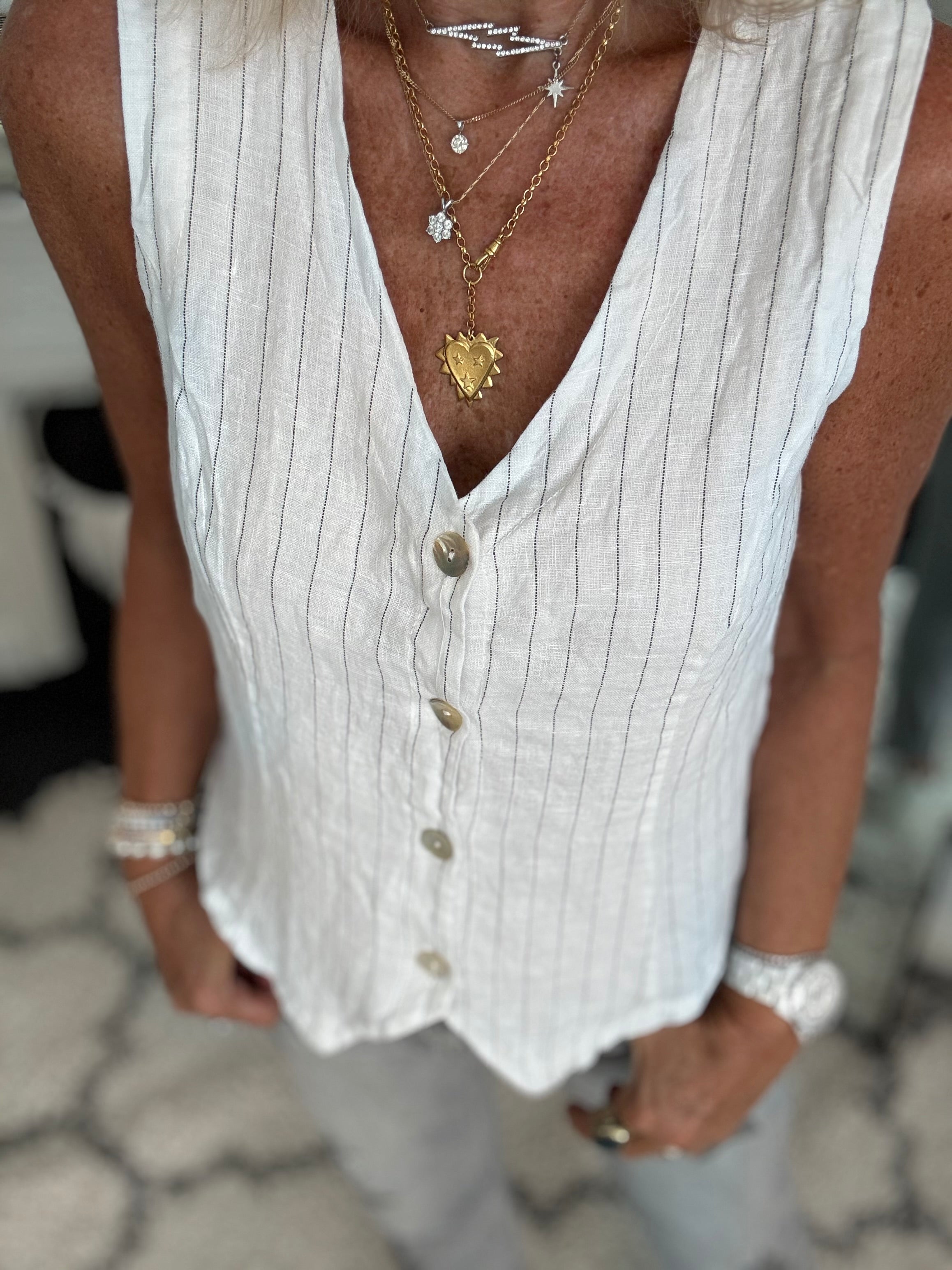 Pure Linen Waistcoat in White & Grey