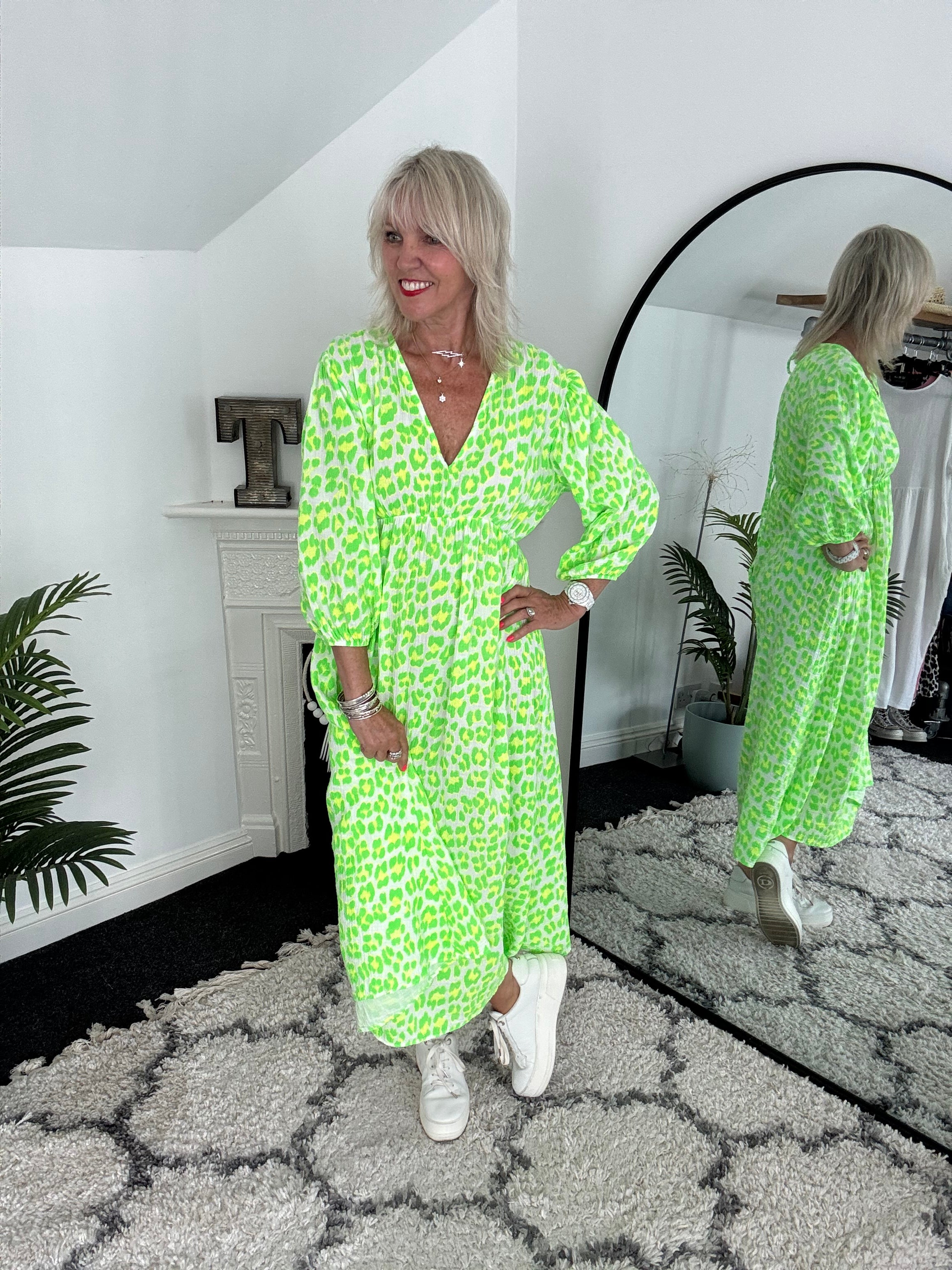 Cheesecloth Midi Dress in Neon Citrus Leopard