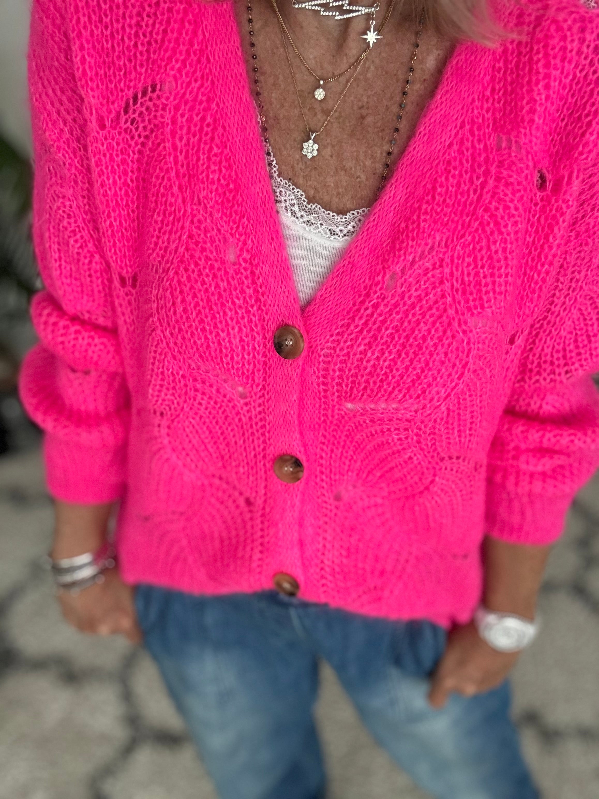 Lace Mohair Cardi in Neon Pink