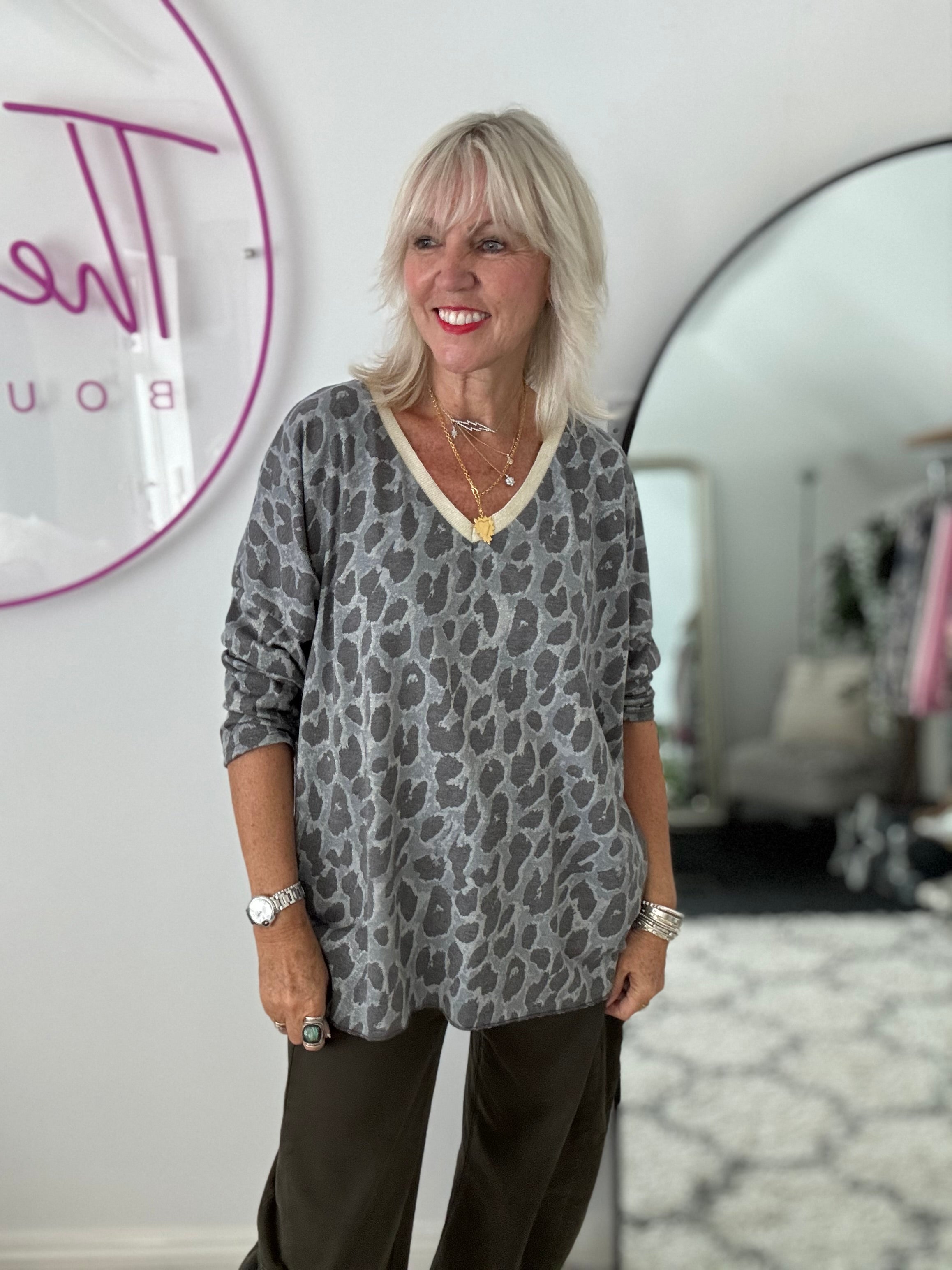Oversized Leopard Print Top in Grey