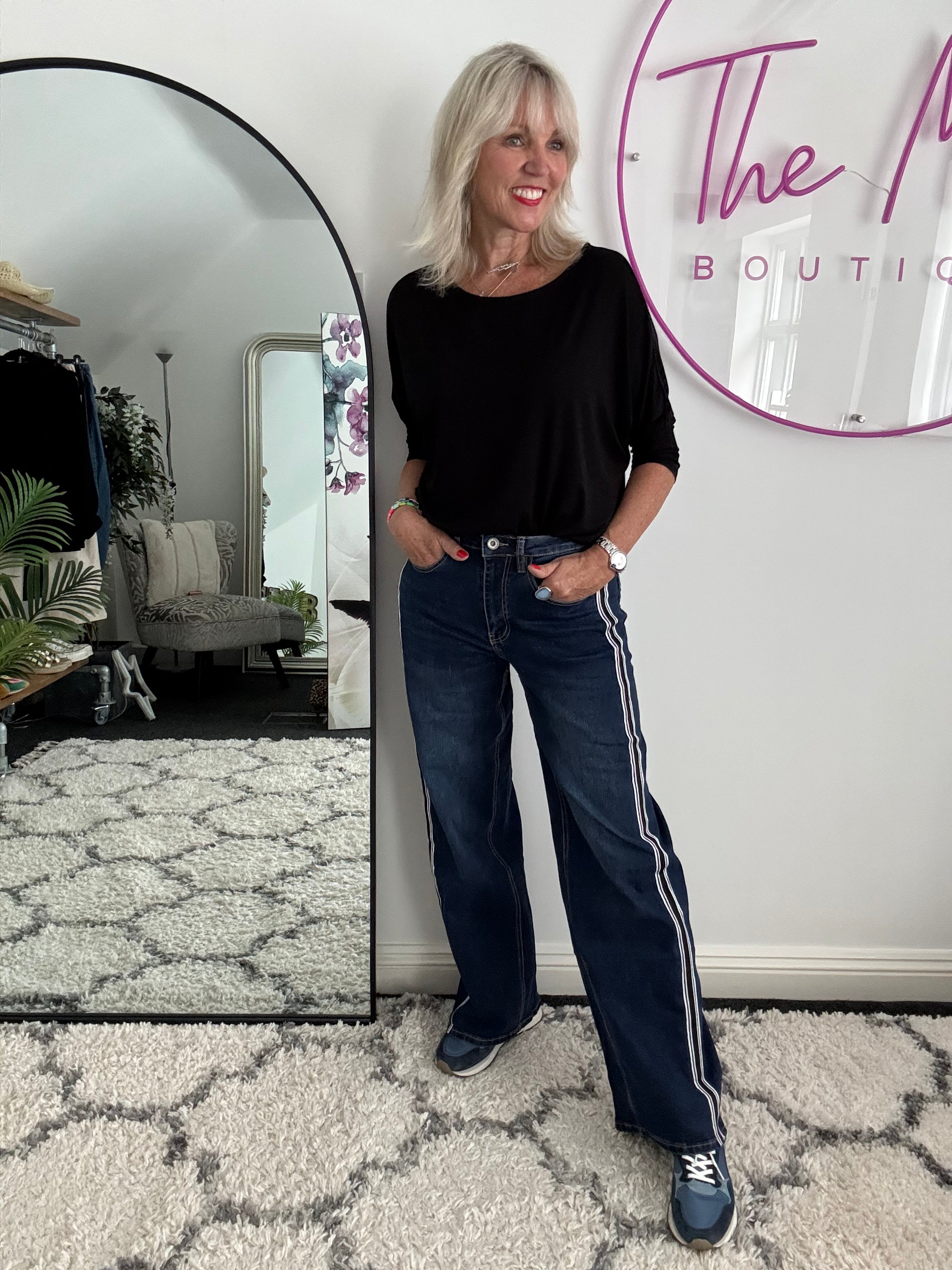 Stretch Flared Jeans with Side Stripes in Dark Denim