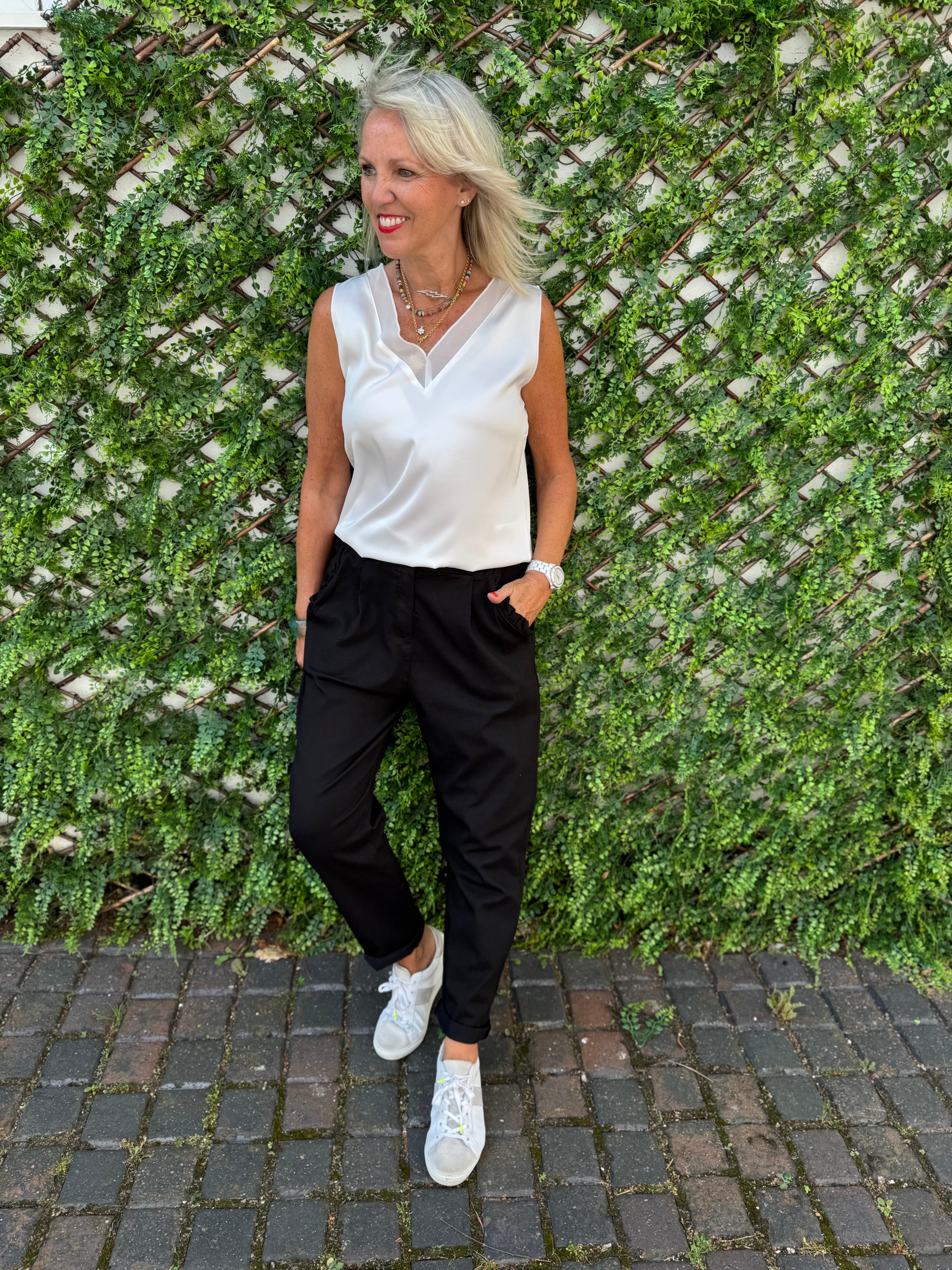 Luxe Stretch Trousers with Ruffle Pocket in Black