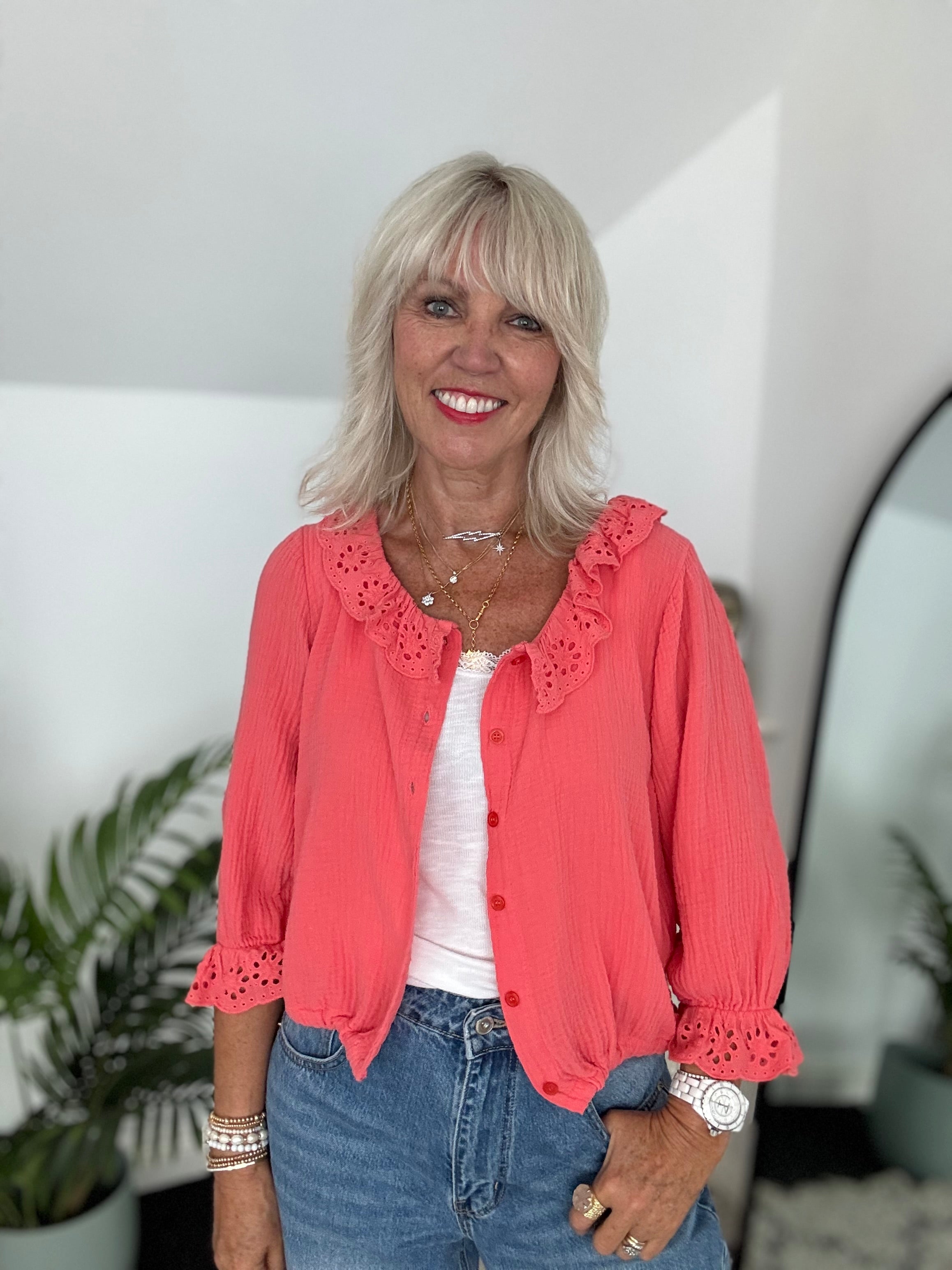 Cheesecloth Blouse with Broderie Collar in Coral