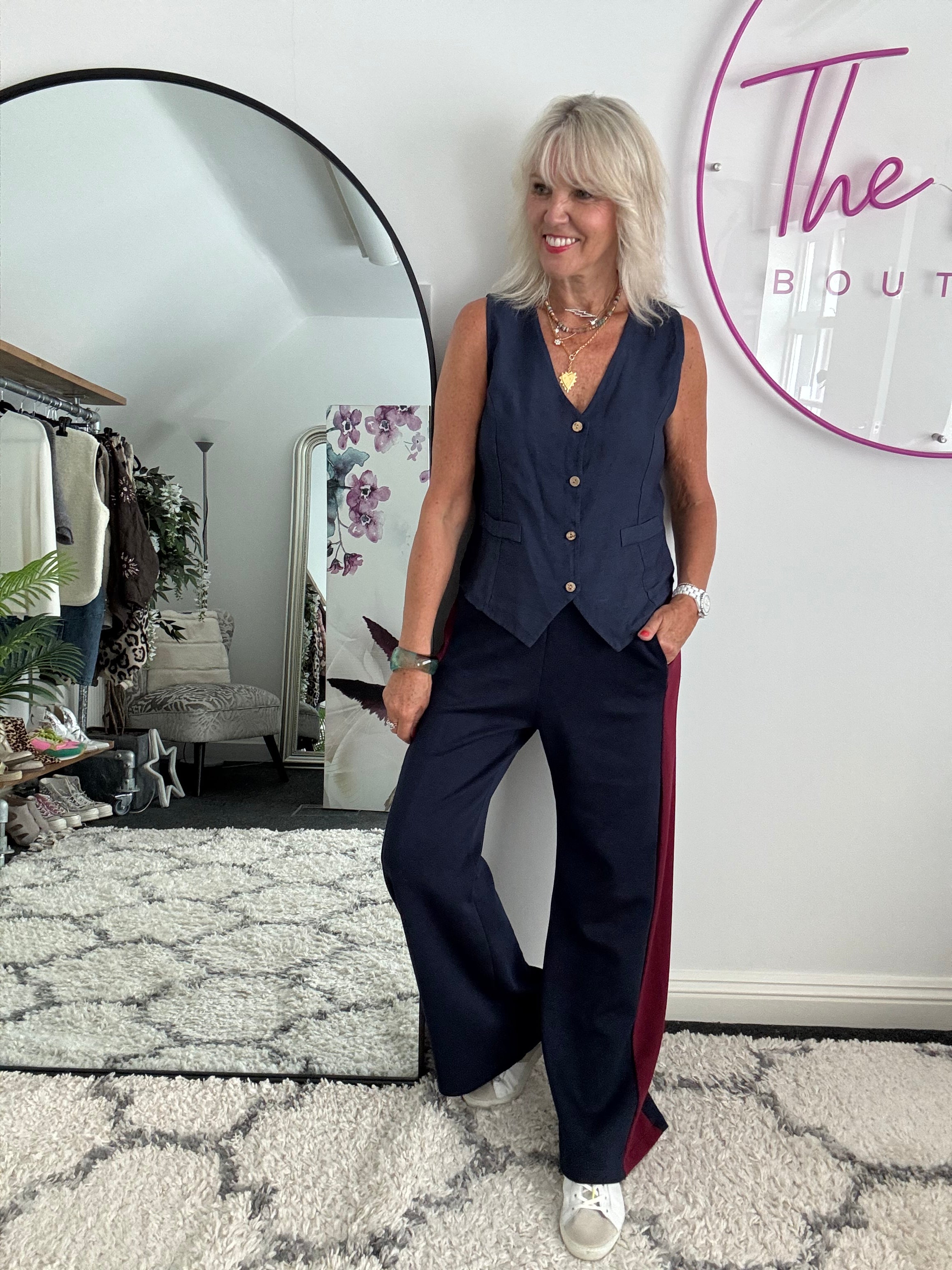 Stretch Trousers with Side Stripe in Navy & Claret