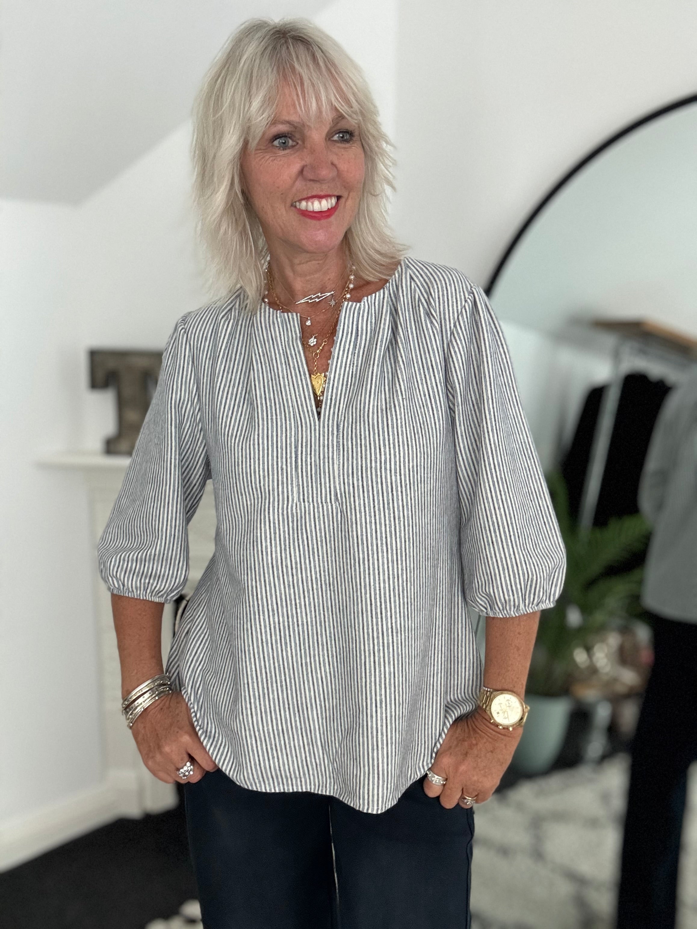 Brushed Cotton Stripe Blouse in Blue