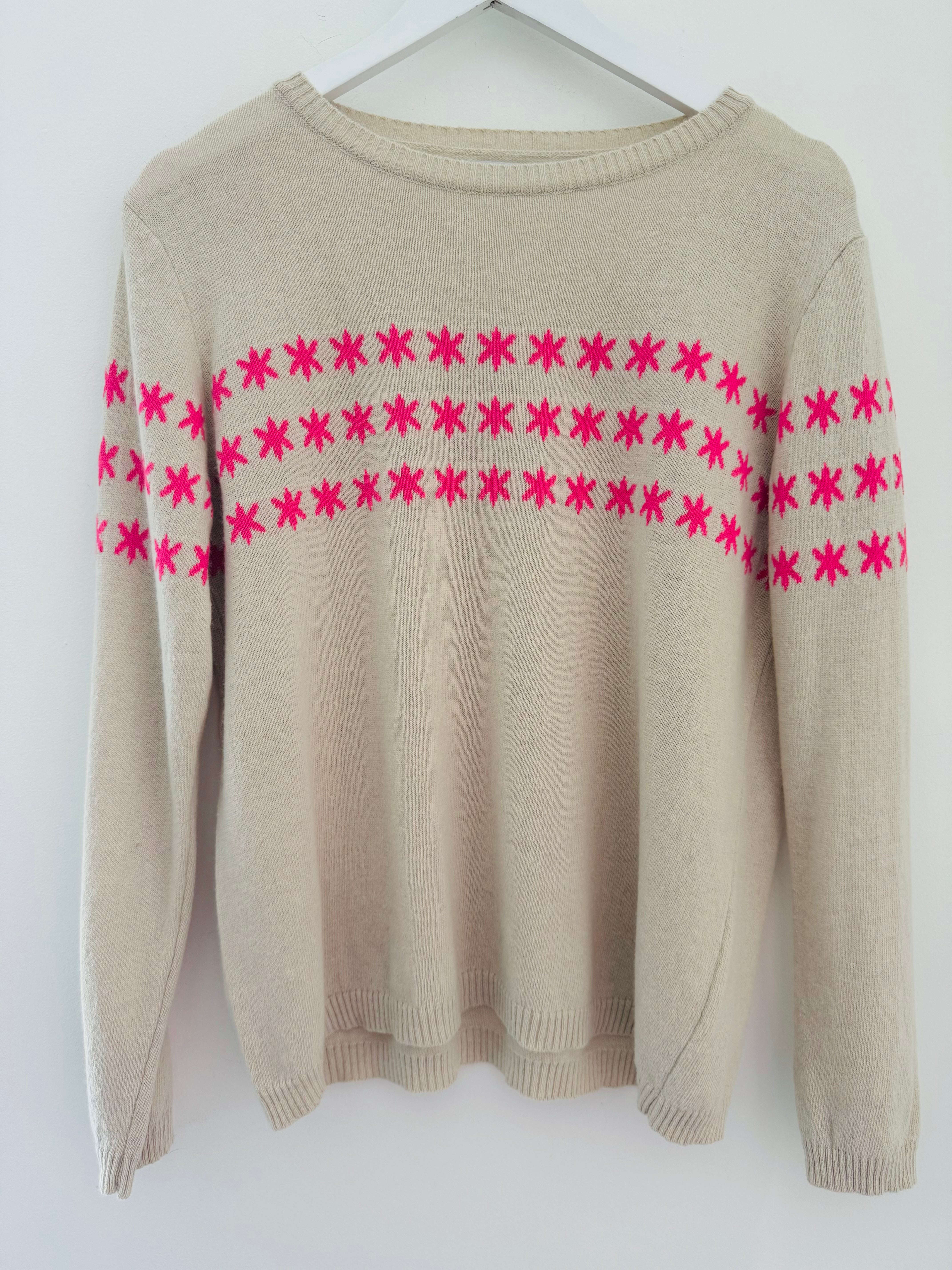Multi Star Cashmere Jumper in Ecru & Pink