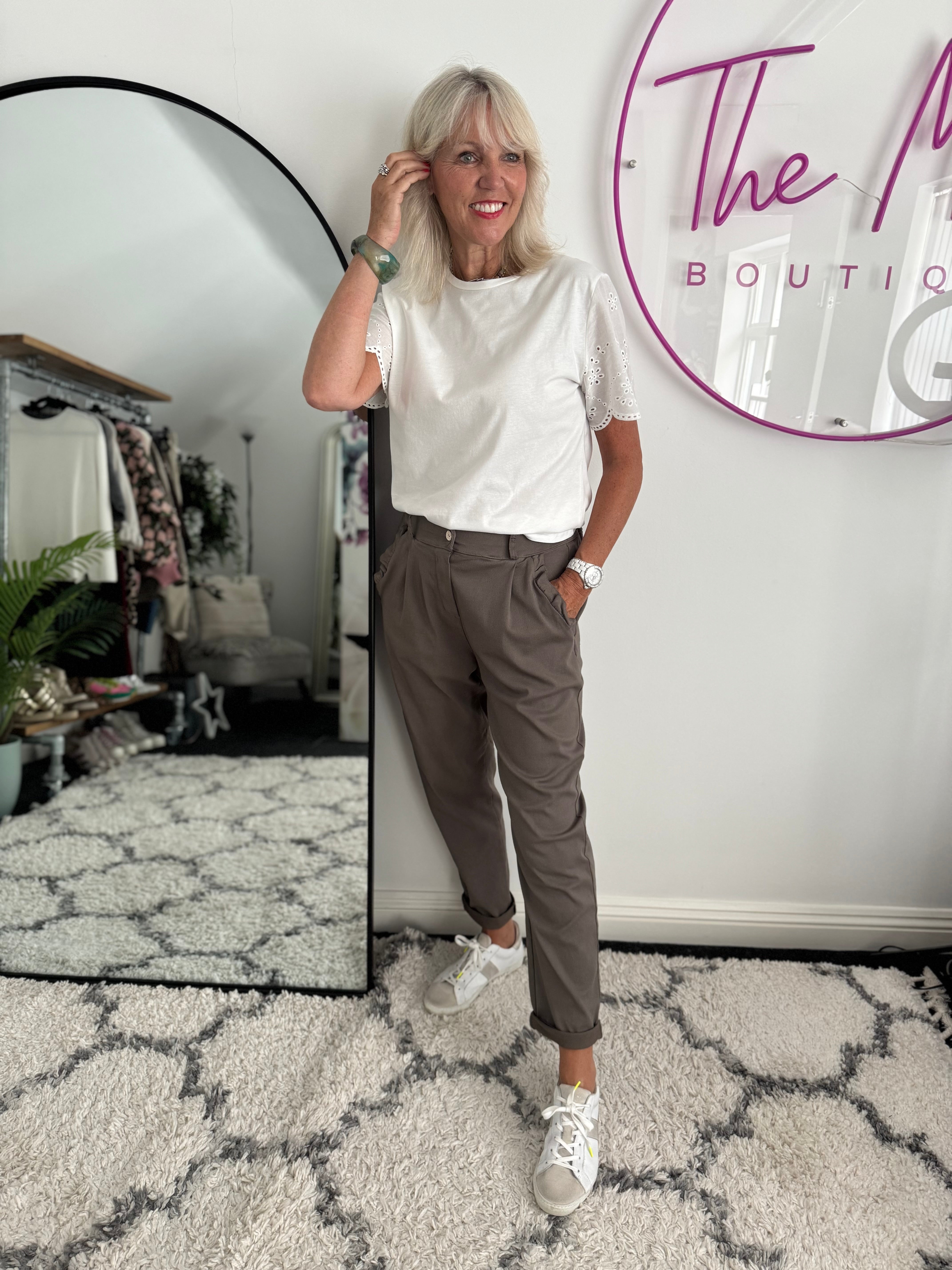 Luxe Stretch Trousers with Ruffle Pocket in Mocha