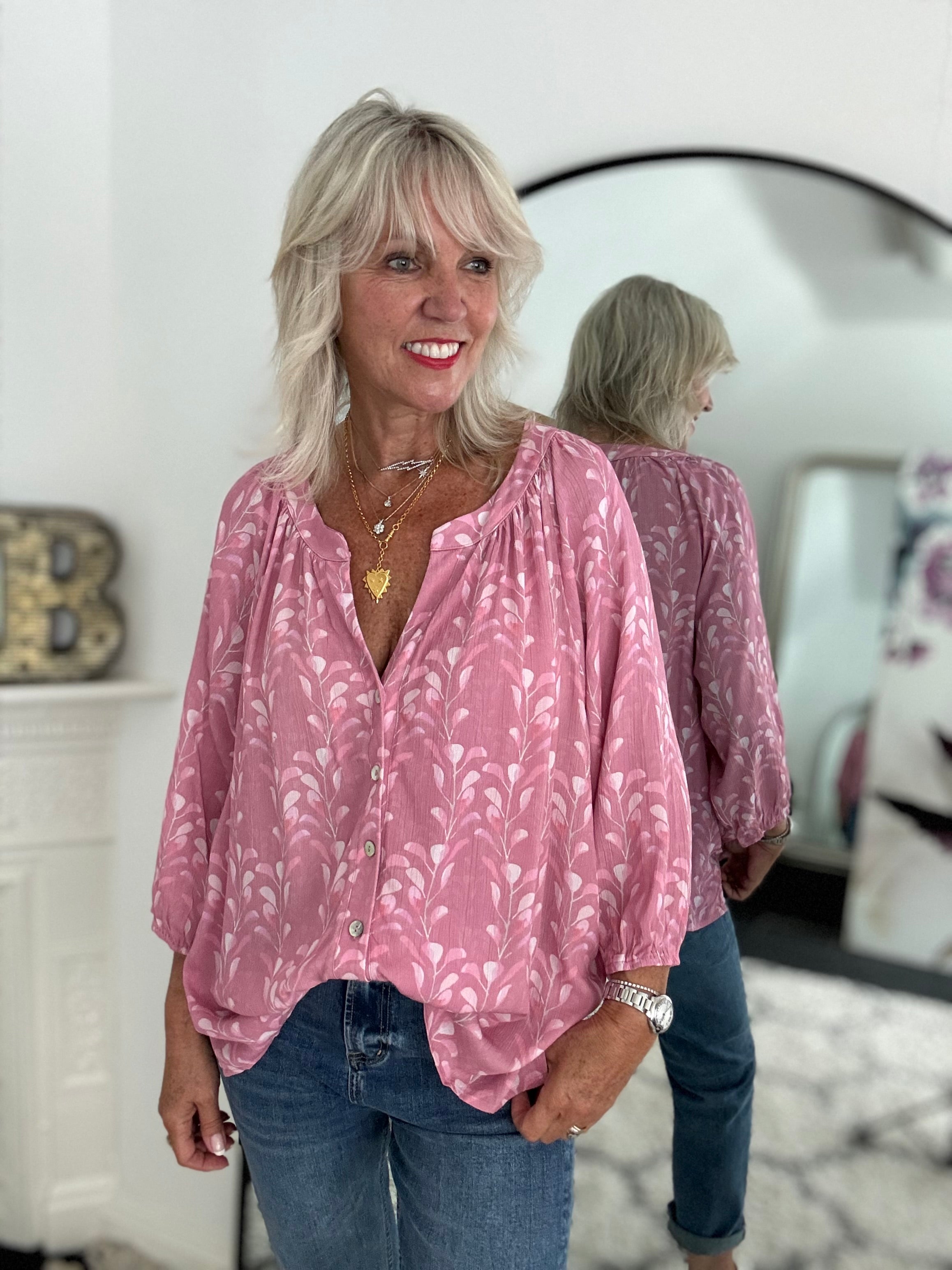 Leaf Print Blouse in Pink