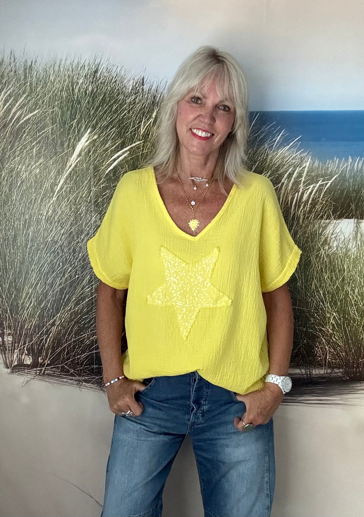 Cheesecloth Sequin Star Top in Sunshine Yellow