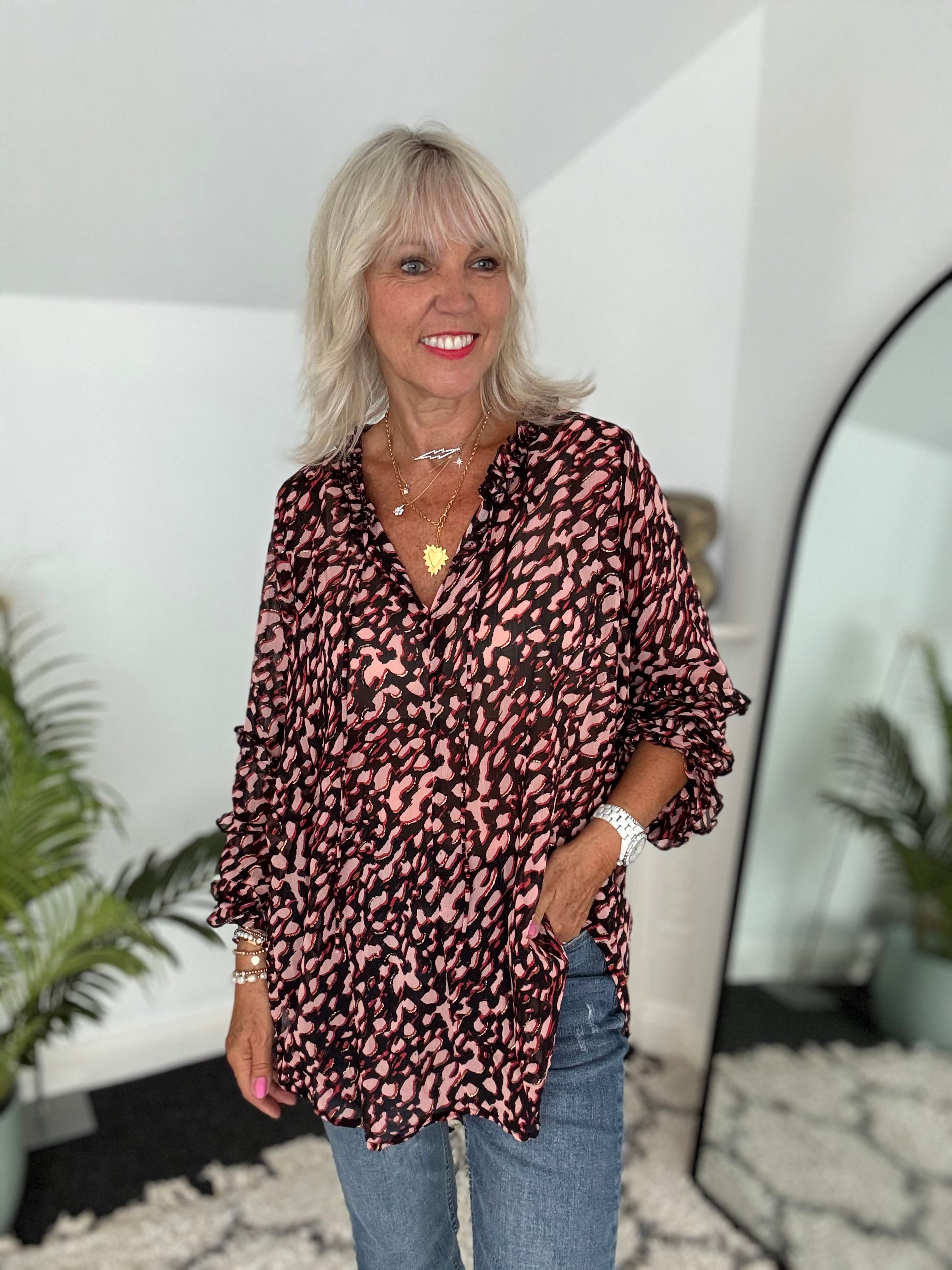 Chiffon Print Blouse in Pink & Black