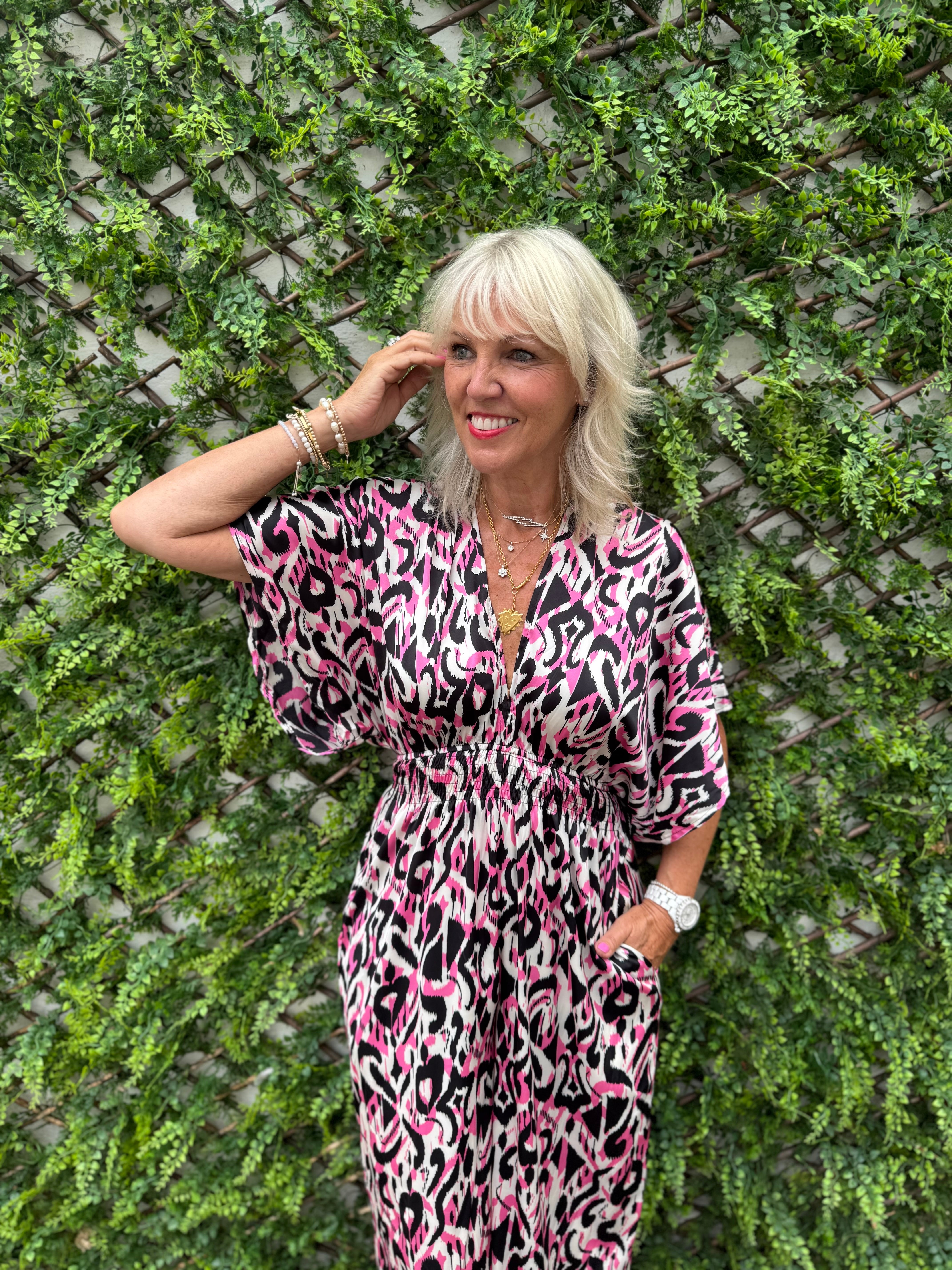 Silky Ikat Jumpsuit in Pink & Black