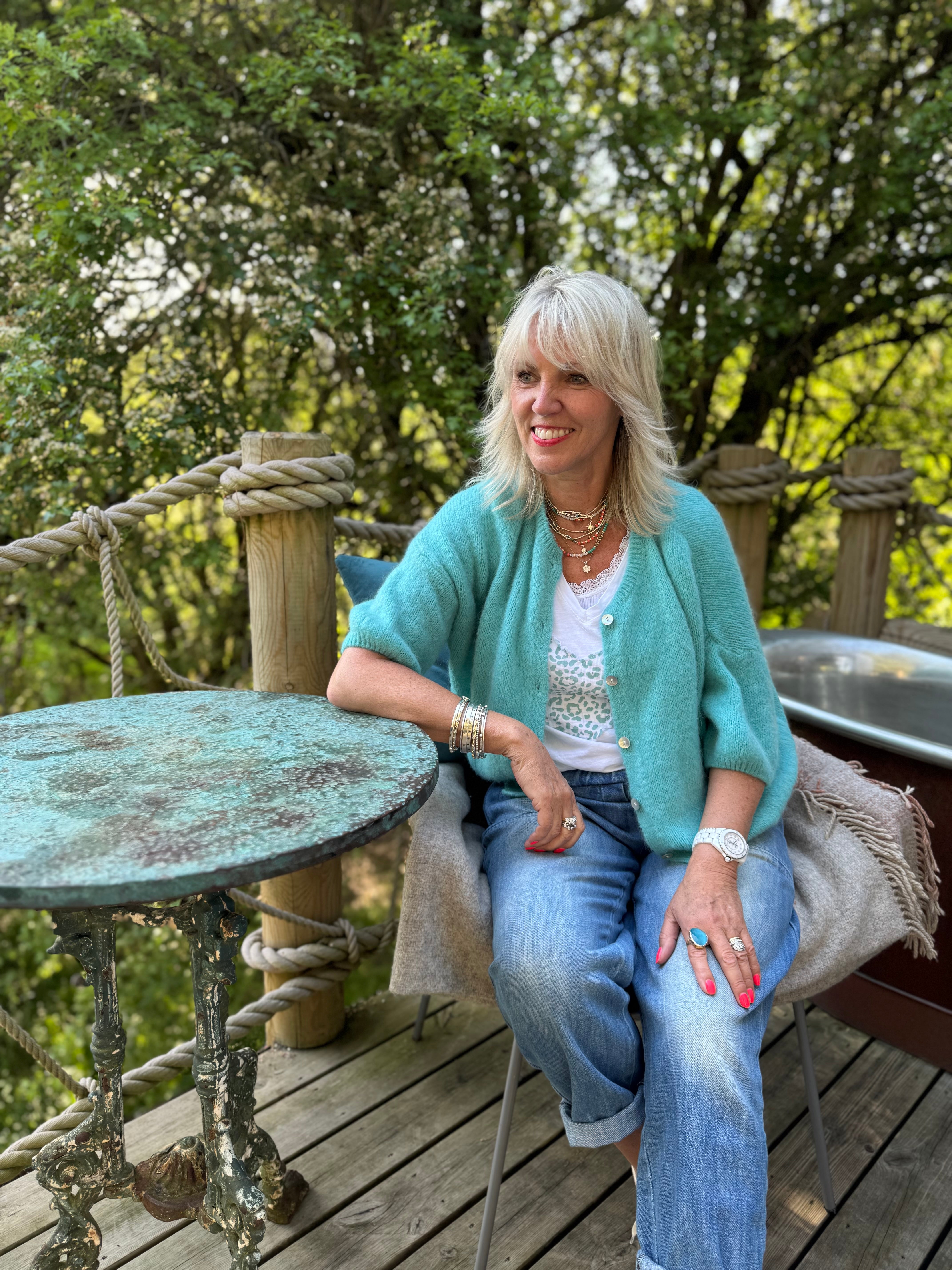 Cropped Sleeve Buttoned Cardi in Sea Green