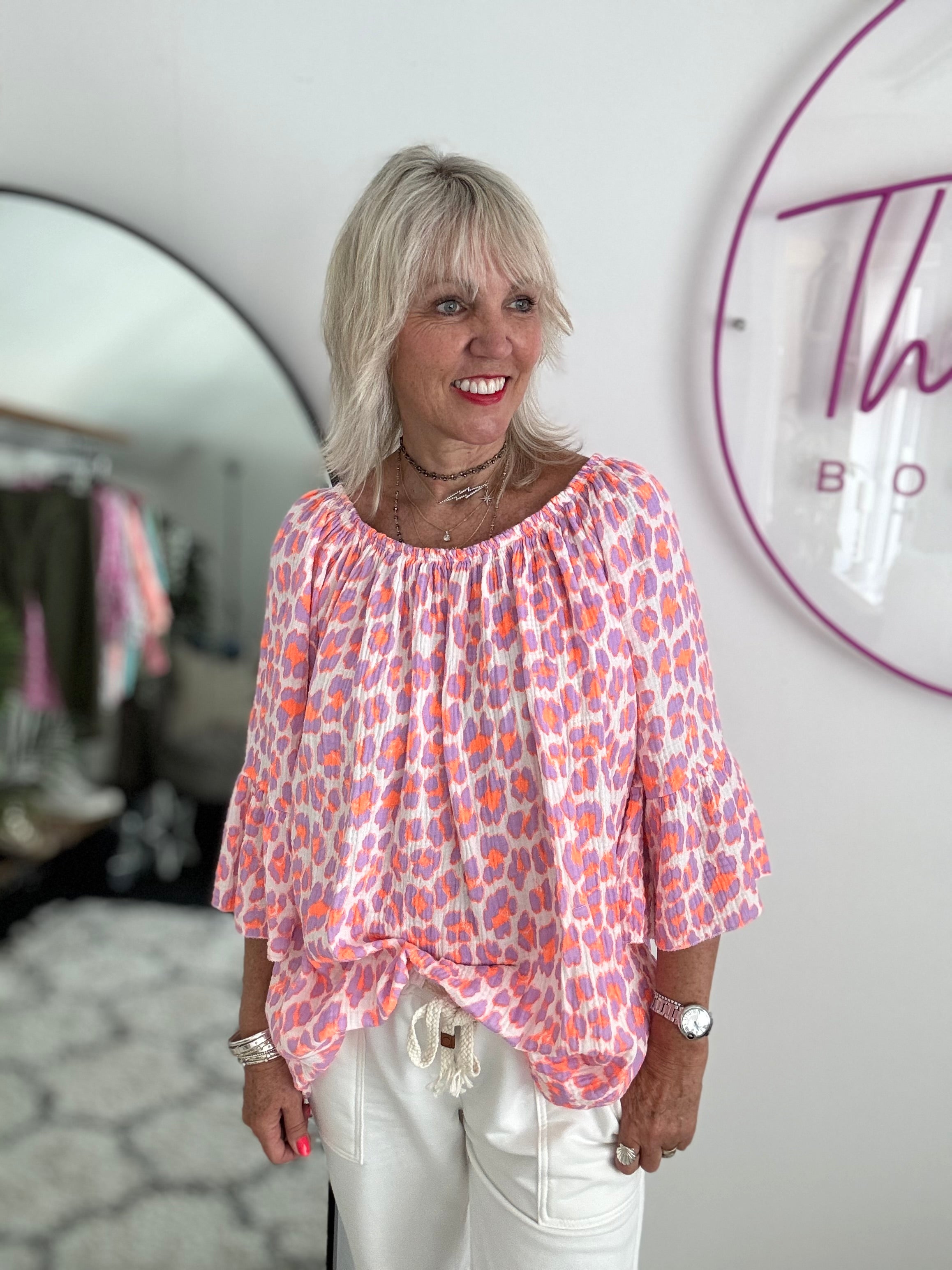 Cheesecloth Bardot Top in Lilac & Orange Leopard