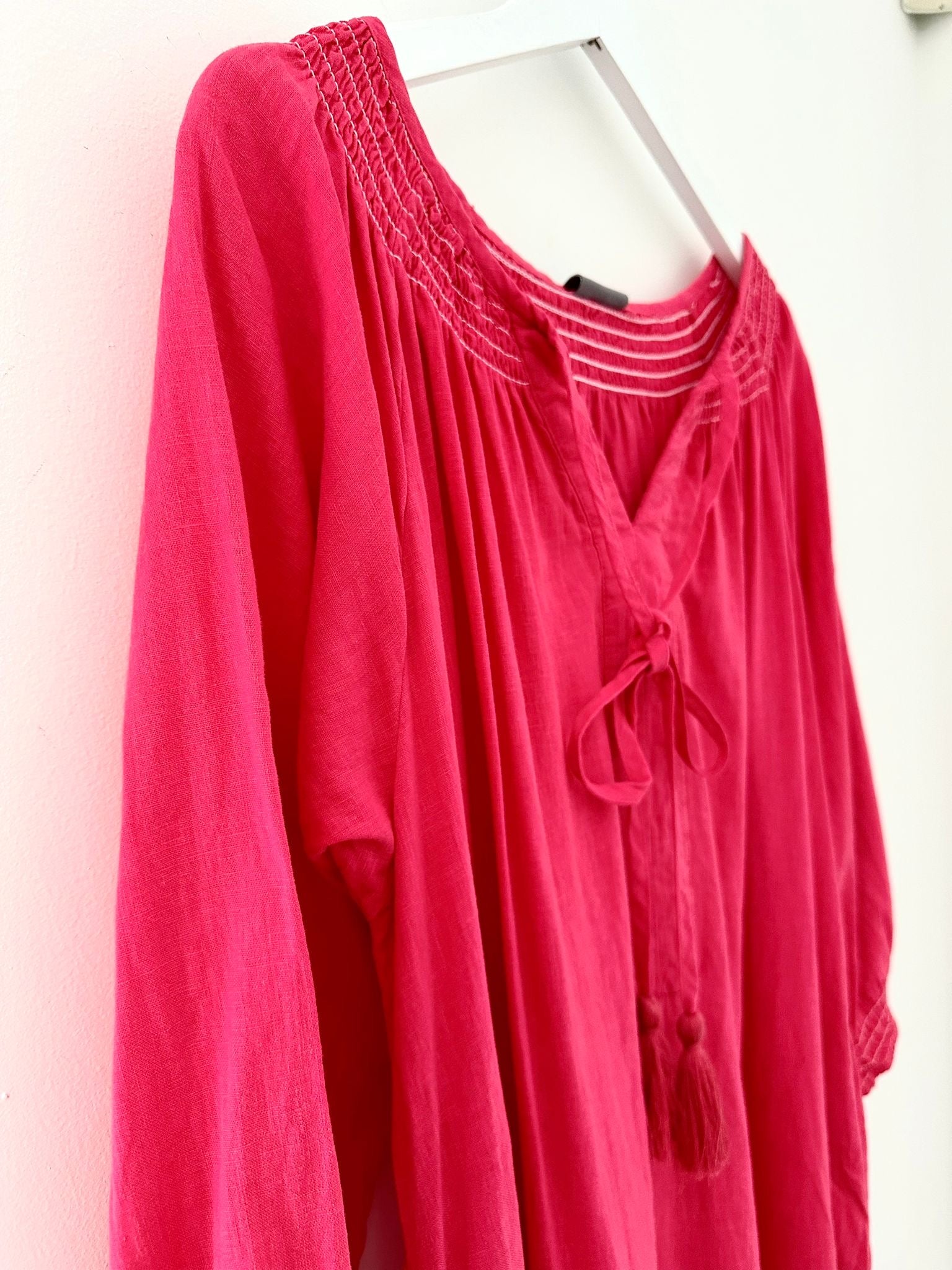 Linen Mix Midi Dress in Raspberry
