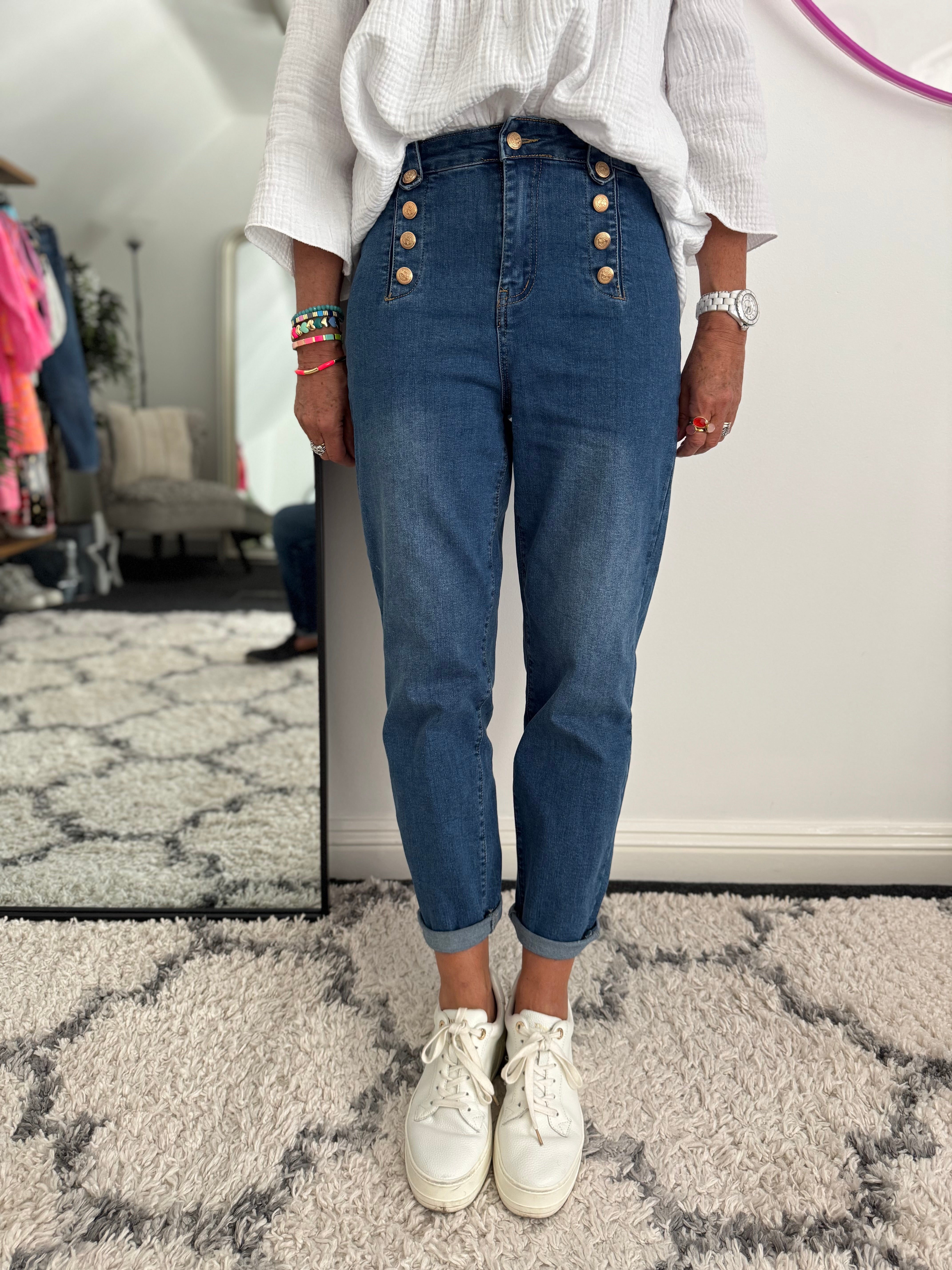 Slim Boyfriend Jeans with Gold Buttons