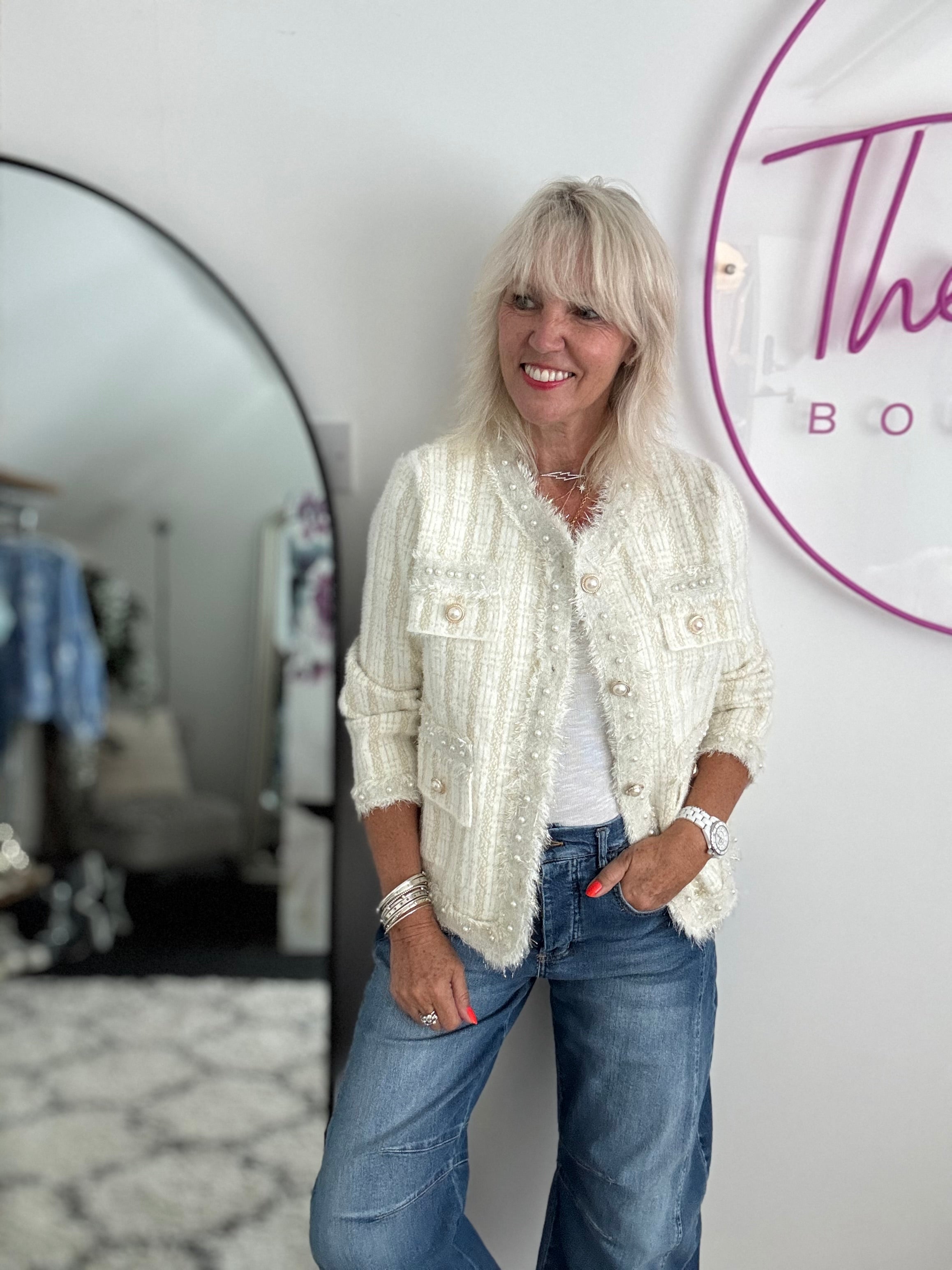 Pearl Button & Tweed Cardi Jacket in Ivory & Gold