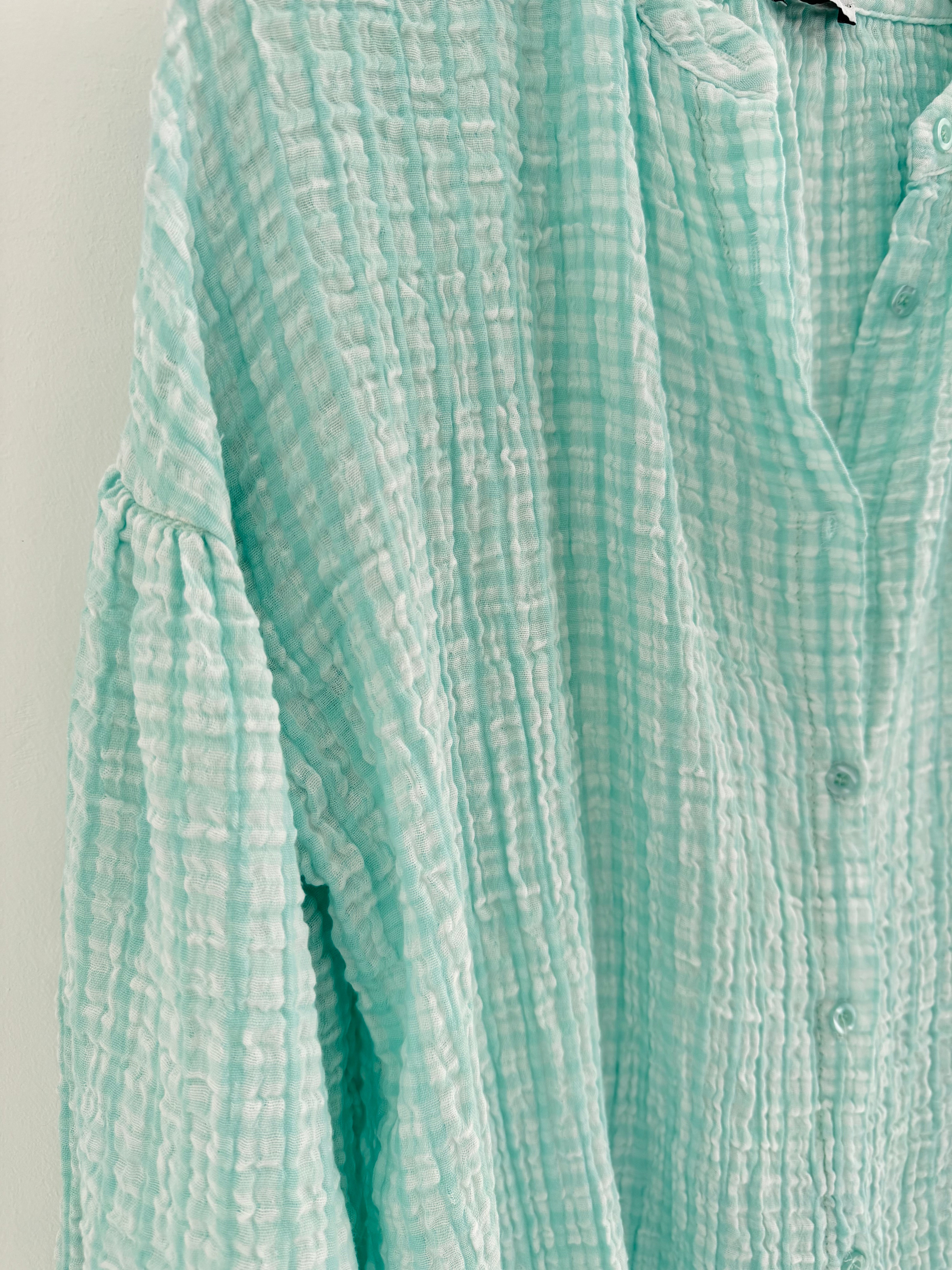 Gingham Seersucker Blouse in Aqua