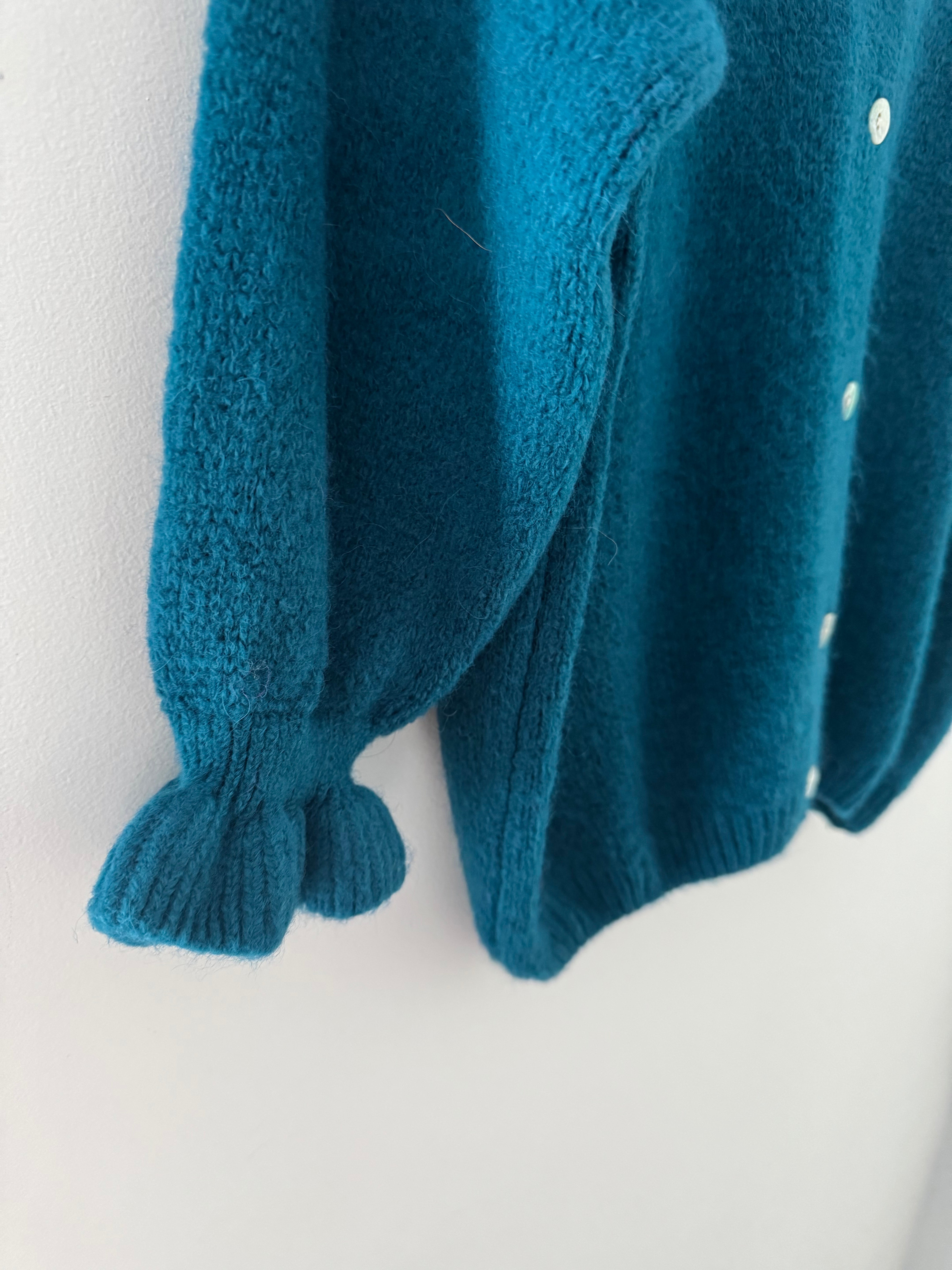 Alpaca Cardi with Frill Cuffs in Teal