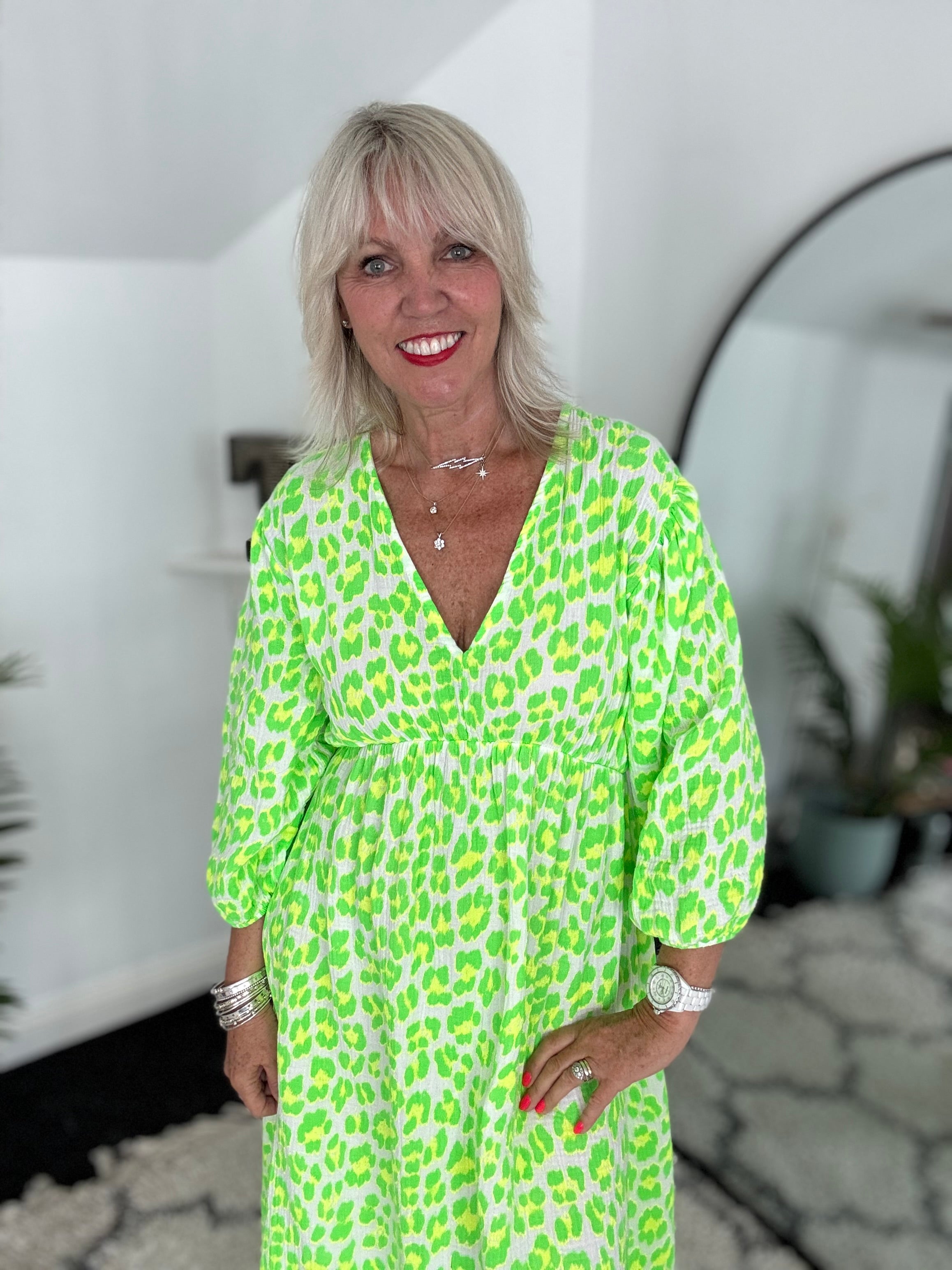Cheesecloth Midi Dress in Neon Citrus Leopard