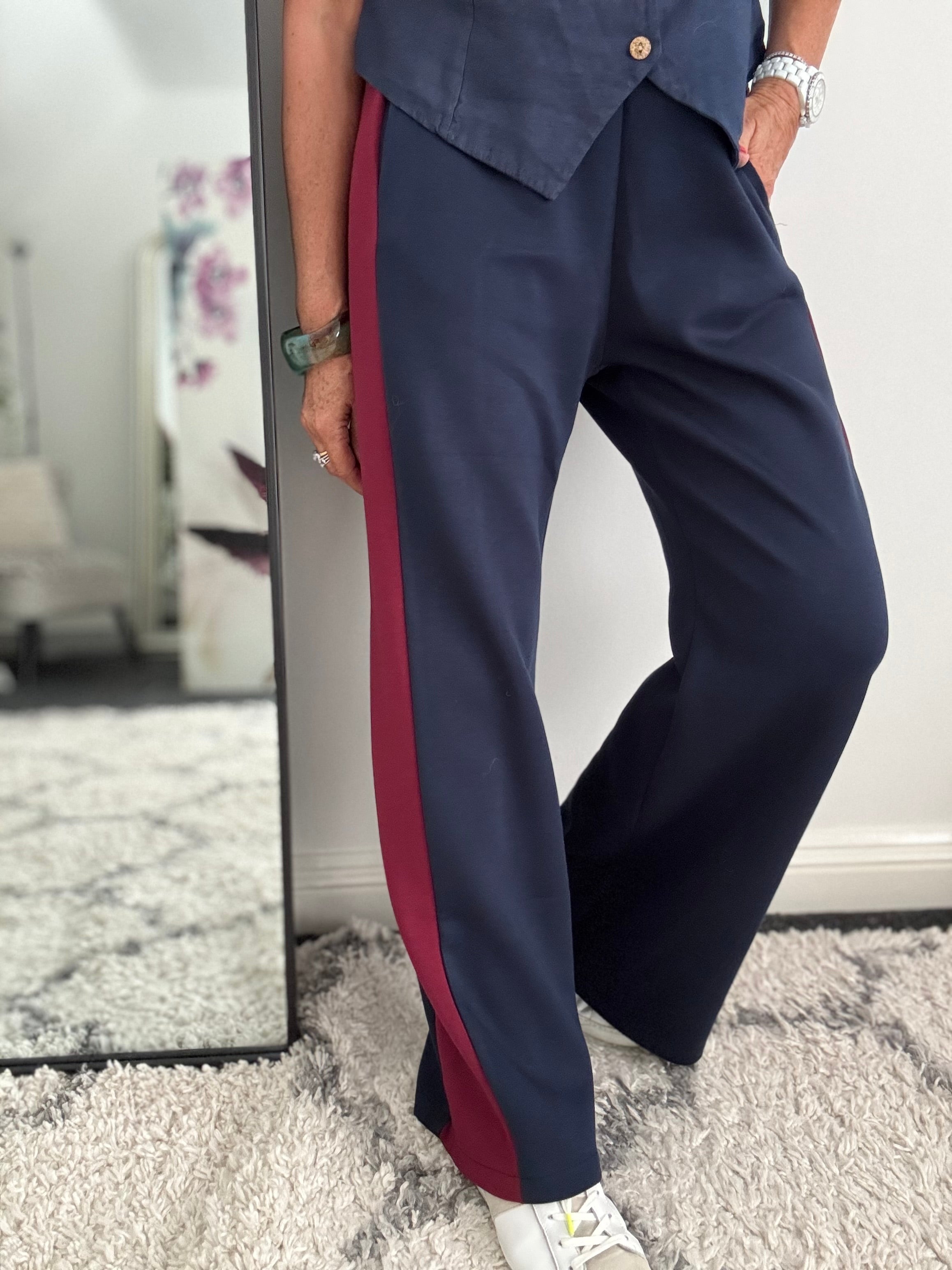 Stretch Trousers with Side Stripe in Navy & Claret