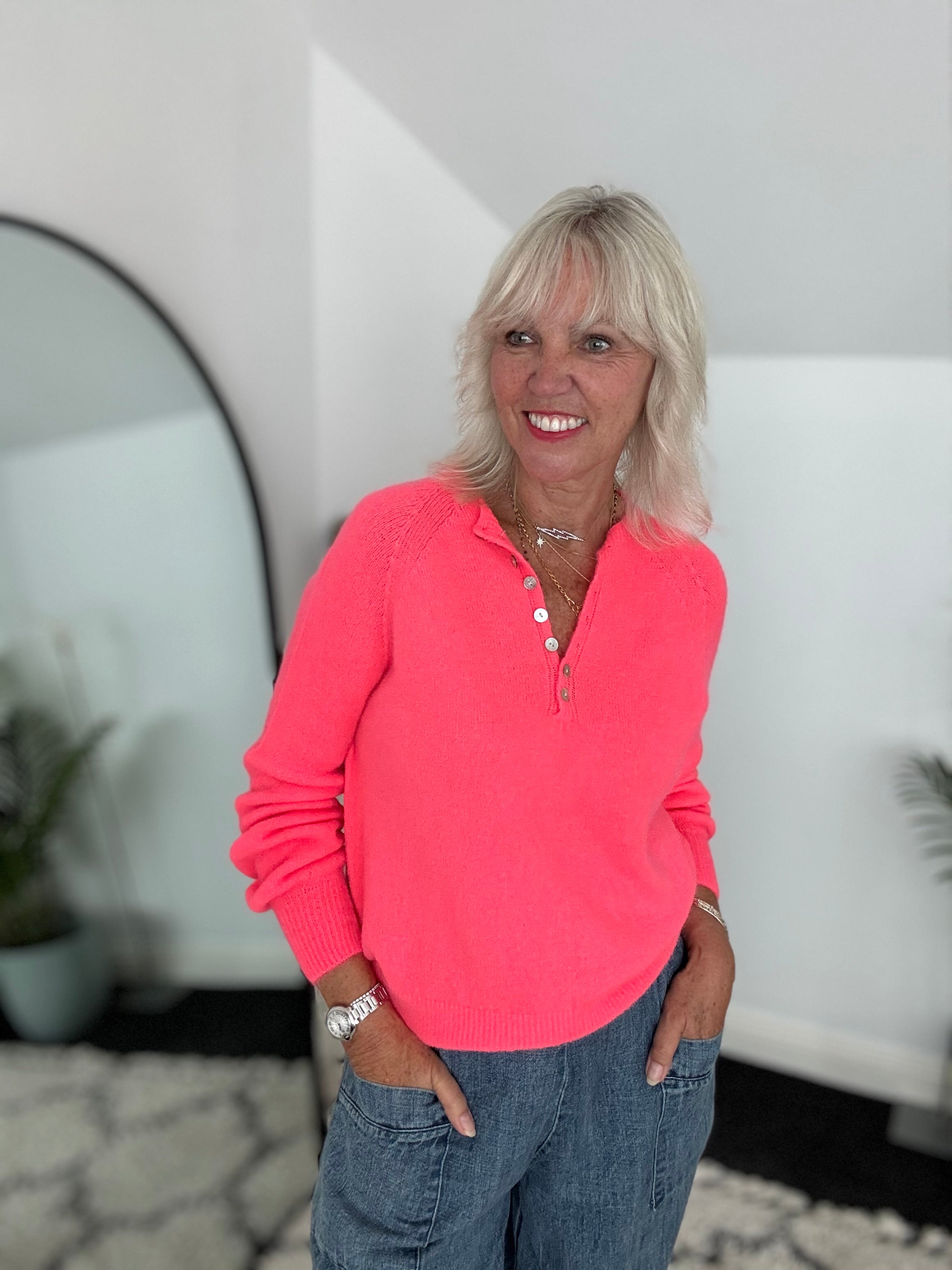 Softie Jumper with Button Neck in Neon Coral
