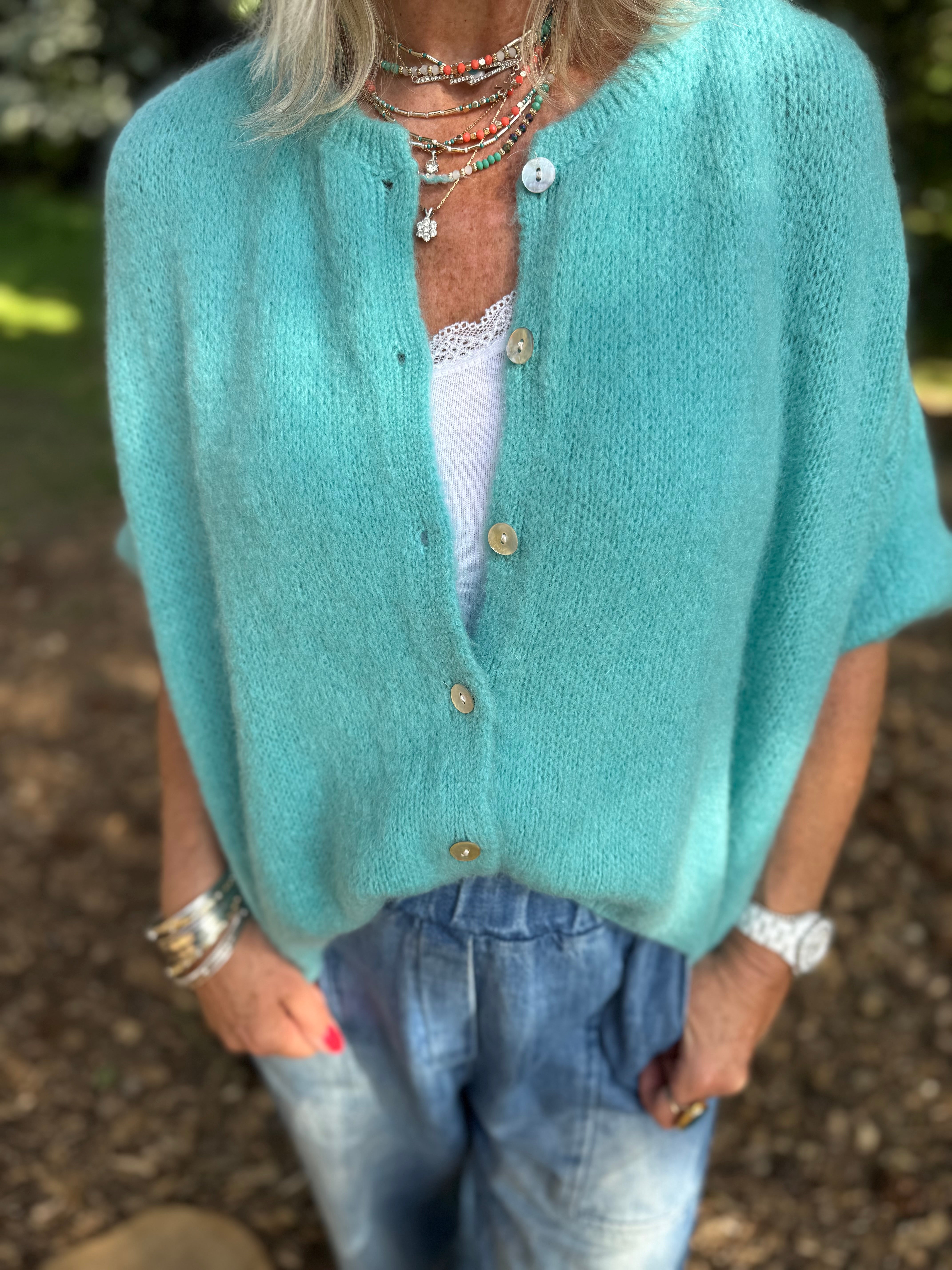Cropped Sleeve Buttoned Cardi in Sea Green