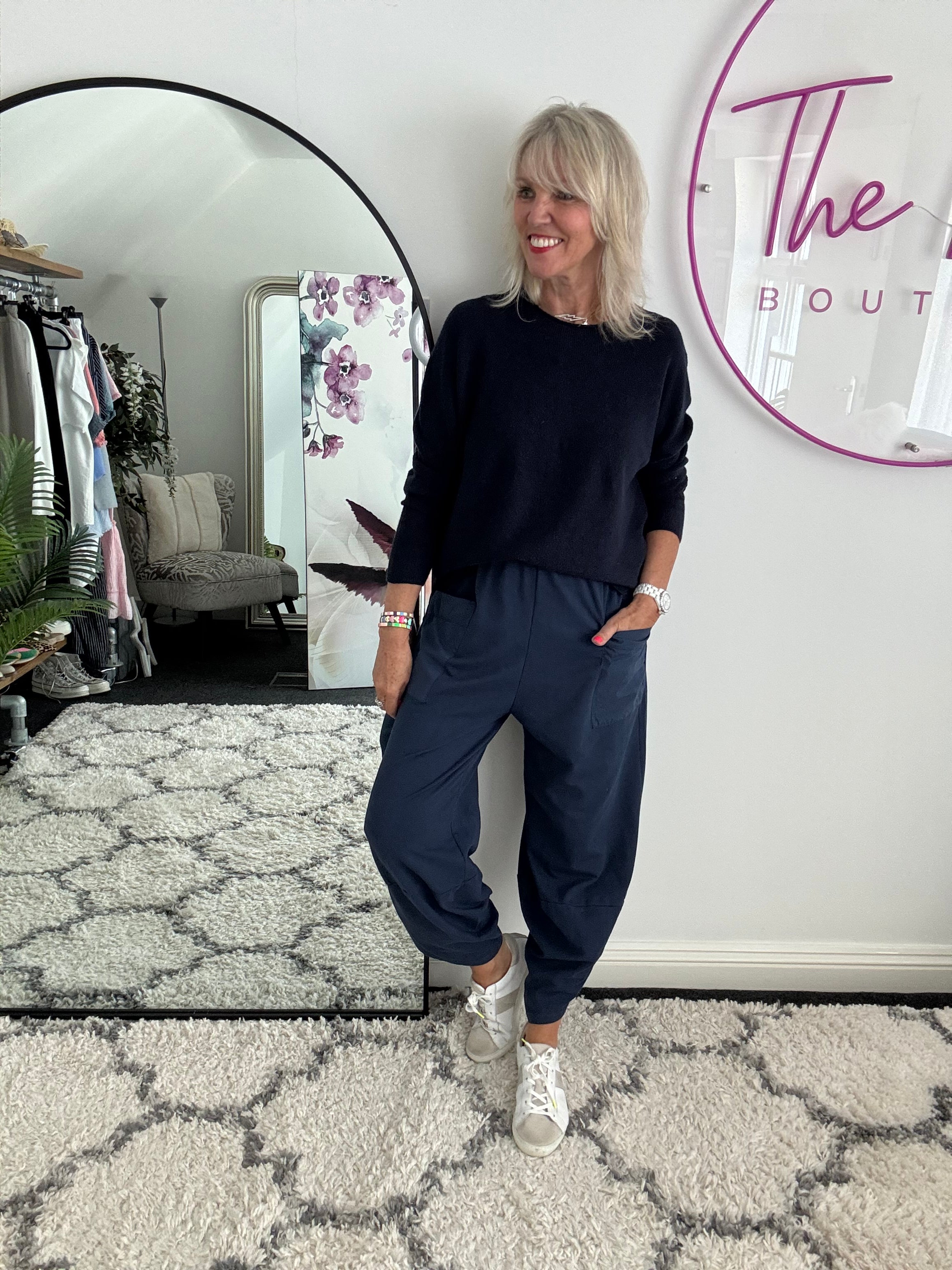 Barrel Shape Cotton Jersey Trousers in Navy
