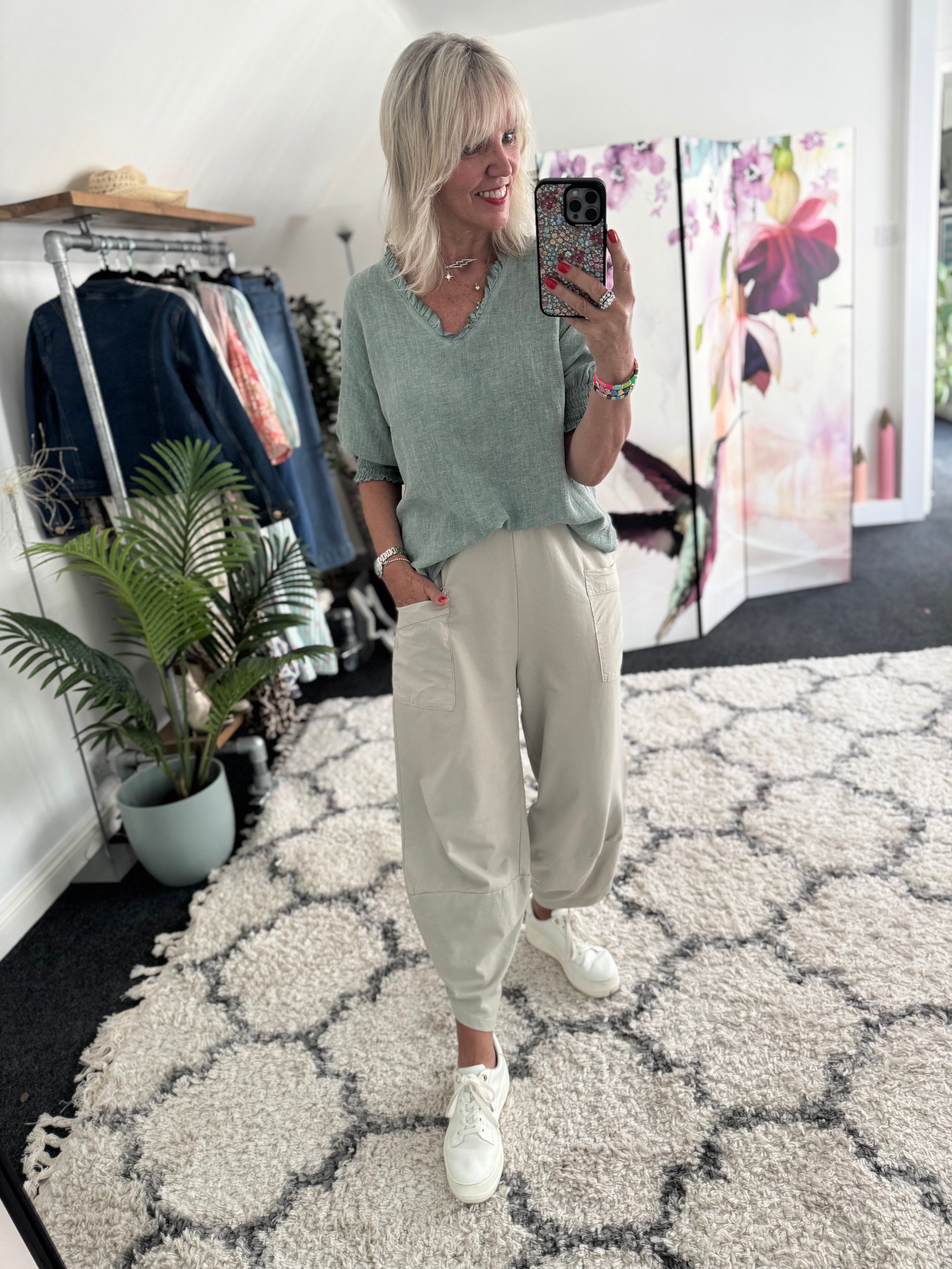 Barrel Shape Cotton Jersey Trousers in Stone