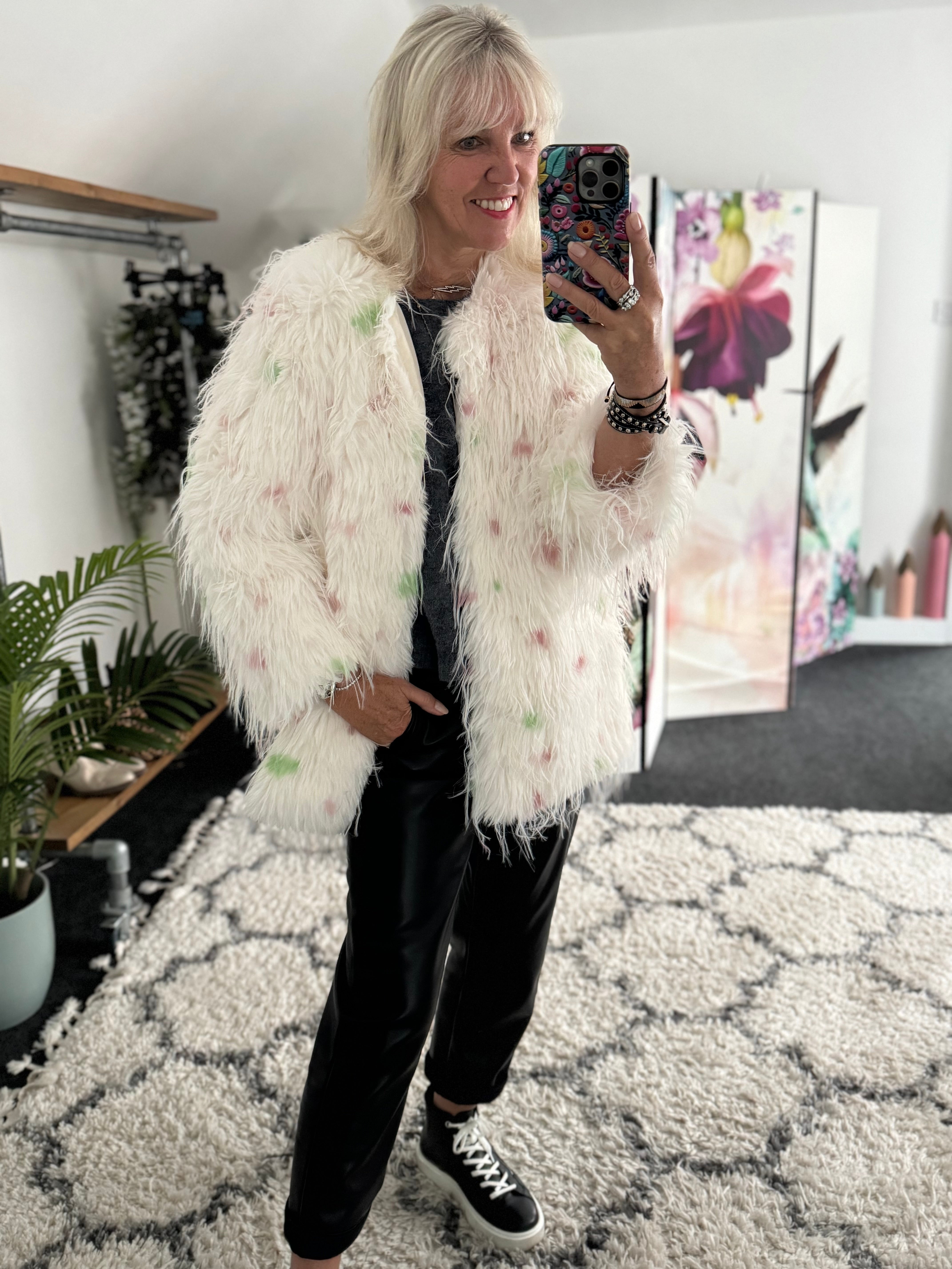 Faux Fur Spot Jacket in Pink & Green